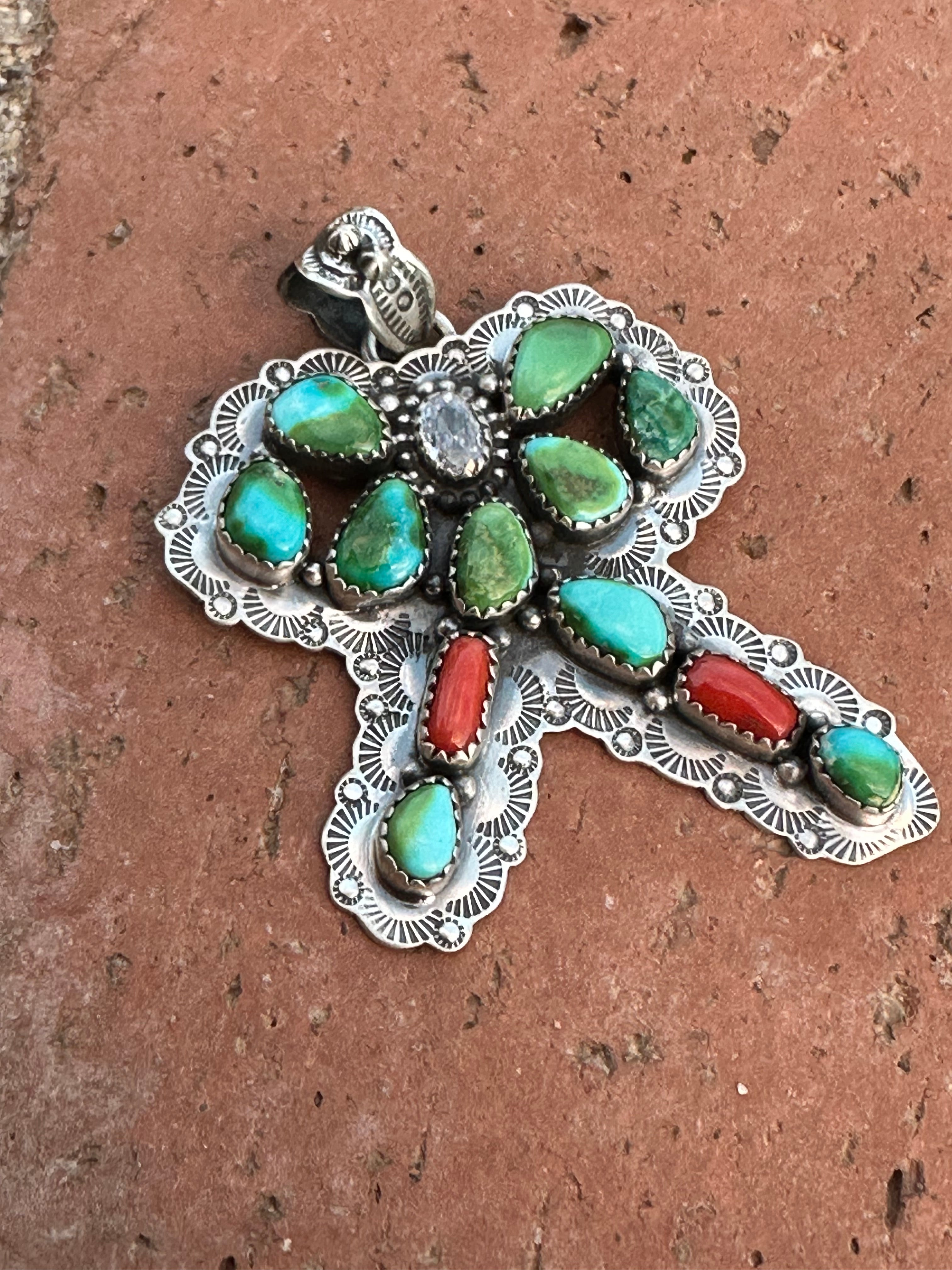 Handmade Sterling Silver, Coral & Sonoran Turquoise Christmas Bow Pendant