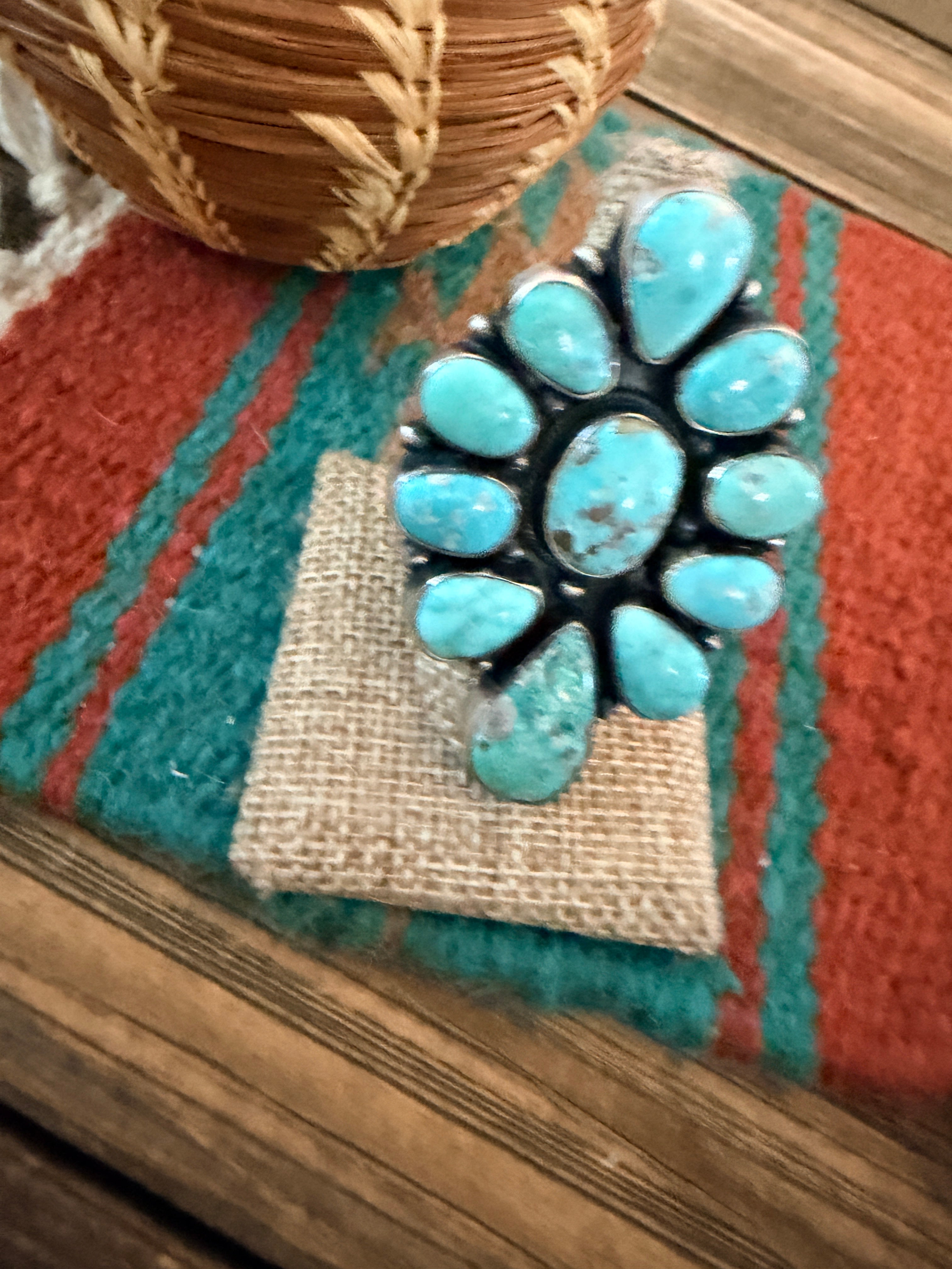 Handcrafted Kingman Turquoise & Sterling Silver Cluster Ring Size 8.25 by Sheila Becenti