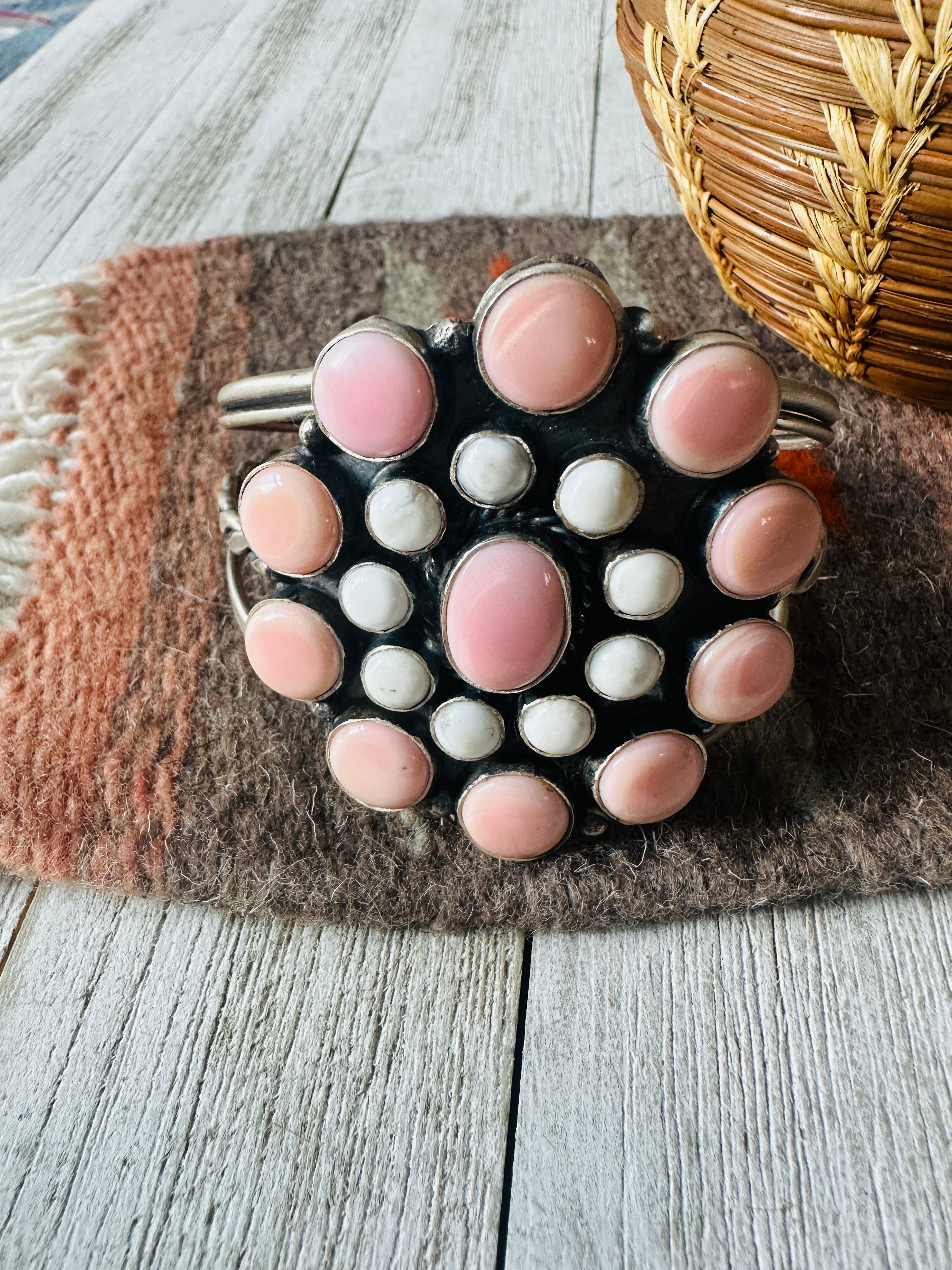 Navajo Queen Pink Conch, White Buffalo & Sterling Silver Cluster Cuff Bracelet