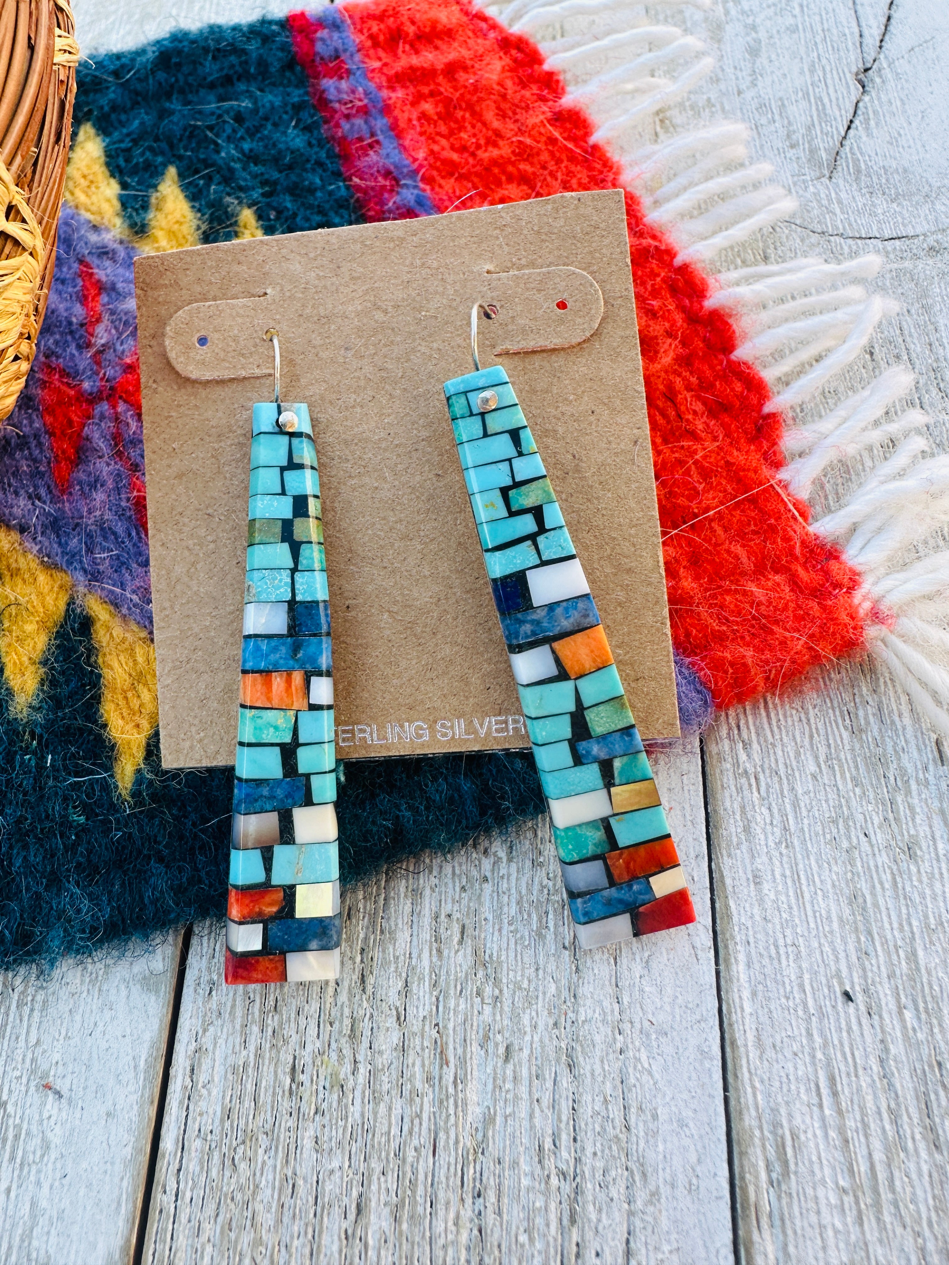 Handcrafted Multi Stone Inlay Shell Dangle Earrings