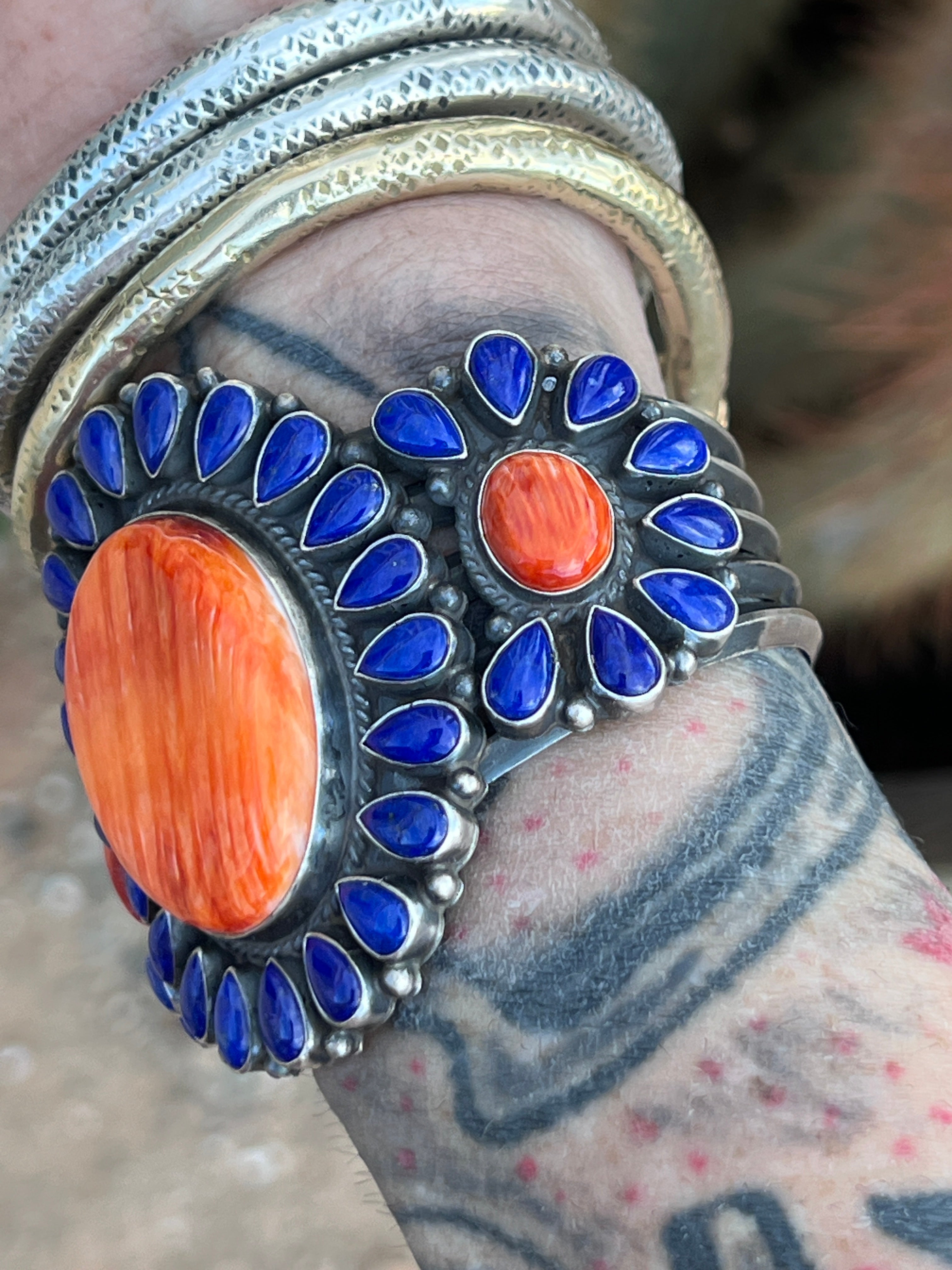 Glowing Anthony Skeets Lapis Lazuli and Orange Spiny Oyster Cluster Cuff Bracelet