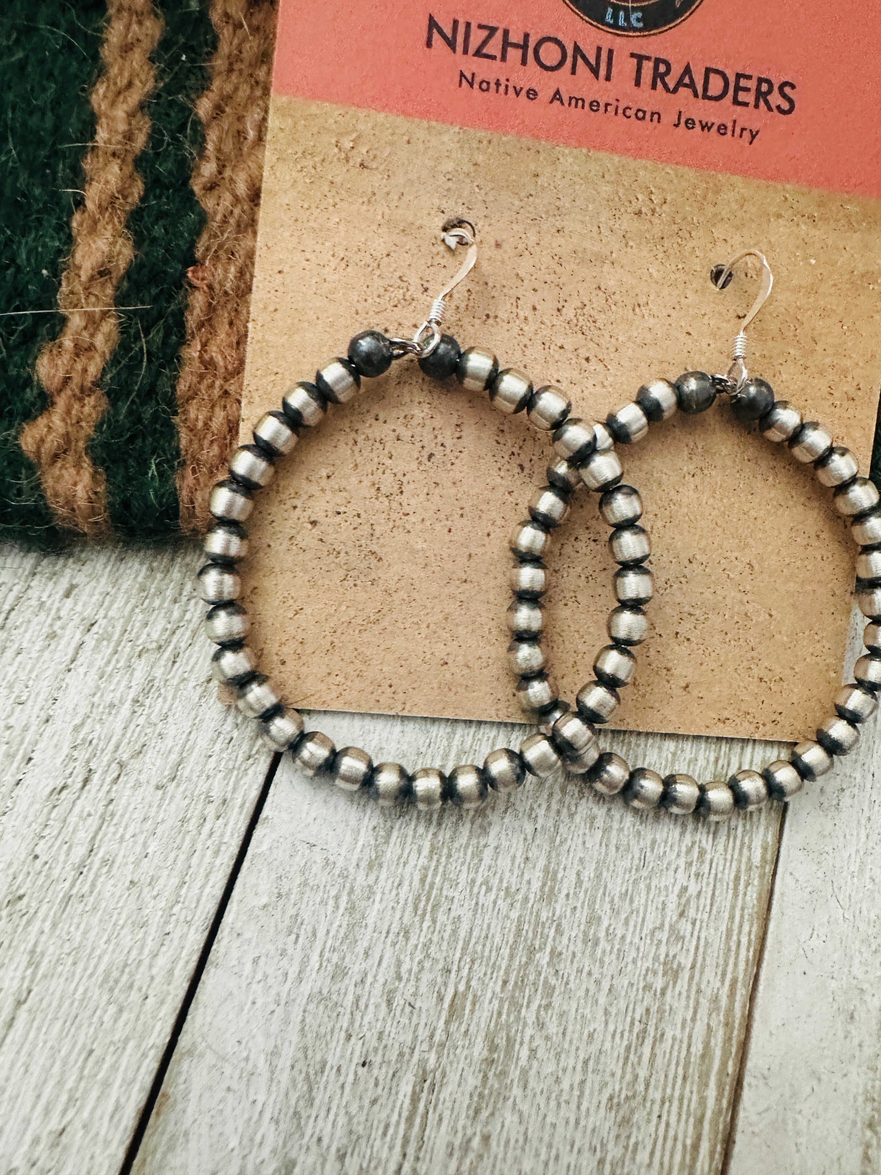 Navajo Sterling Silver Pearl Beaded Dangle Hoop Earrings