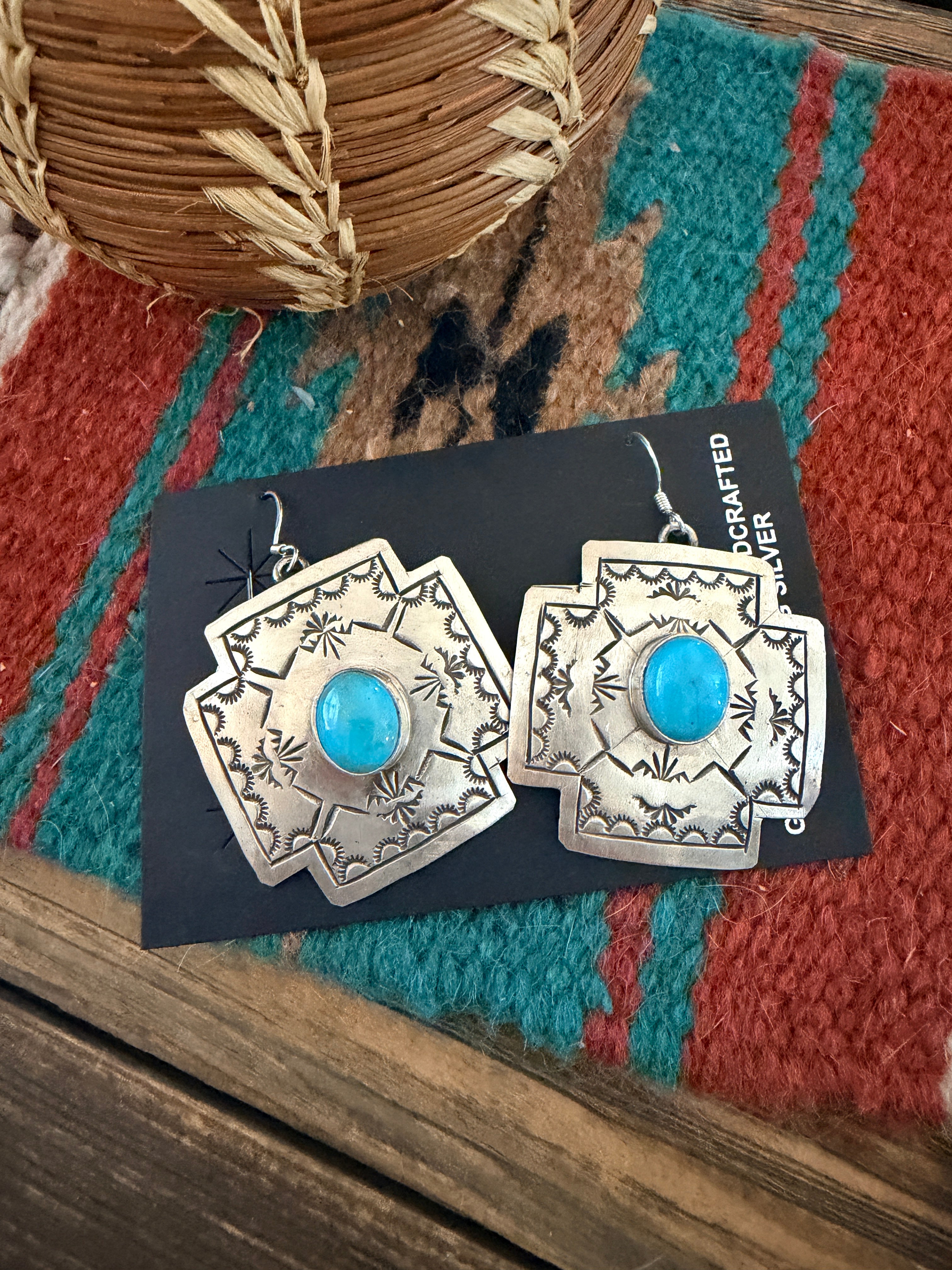 Handcrafted Sterling Silver & Turquoise Concho Cross Dangle Earrings