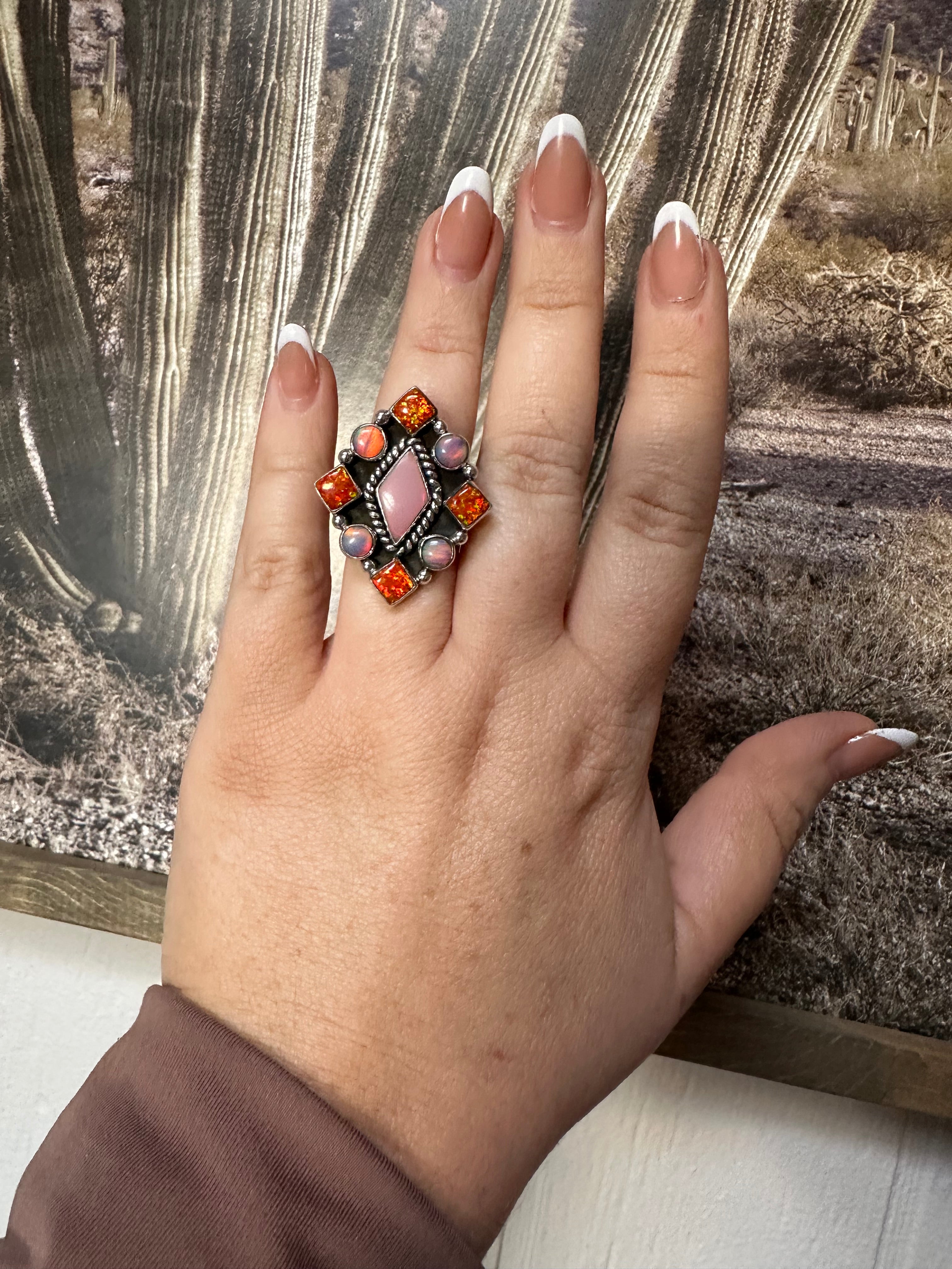 Handmade Fire Opal, Opal & Sterling Silver Adjustable Ring Signed Nizhoni