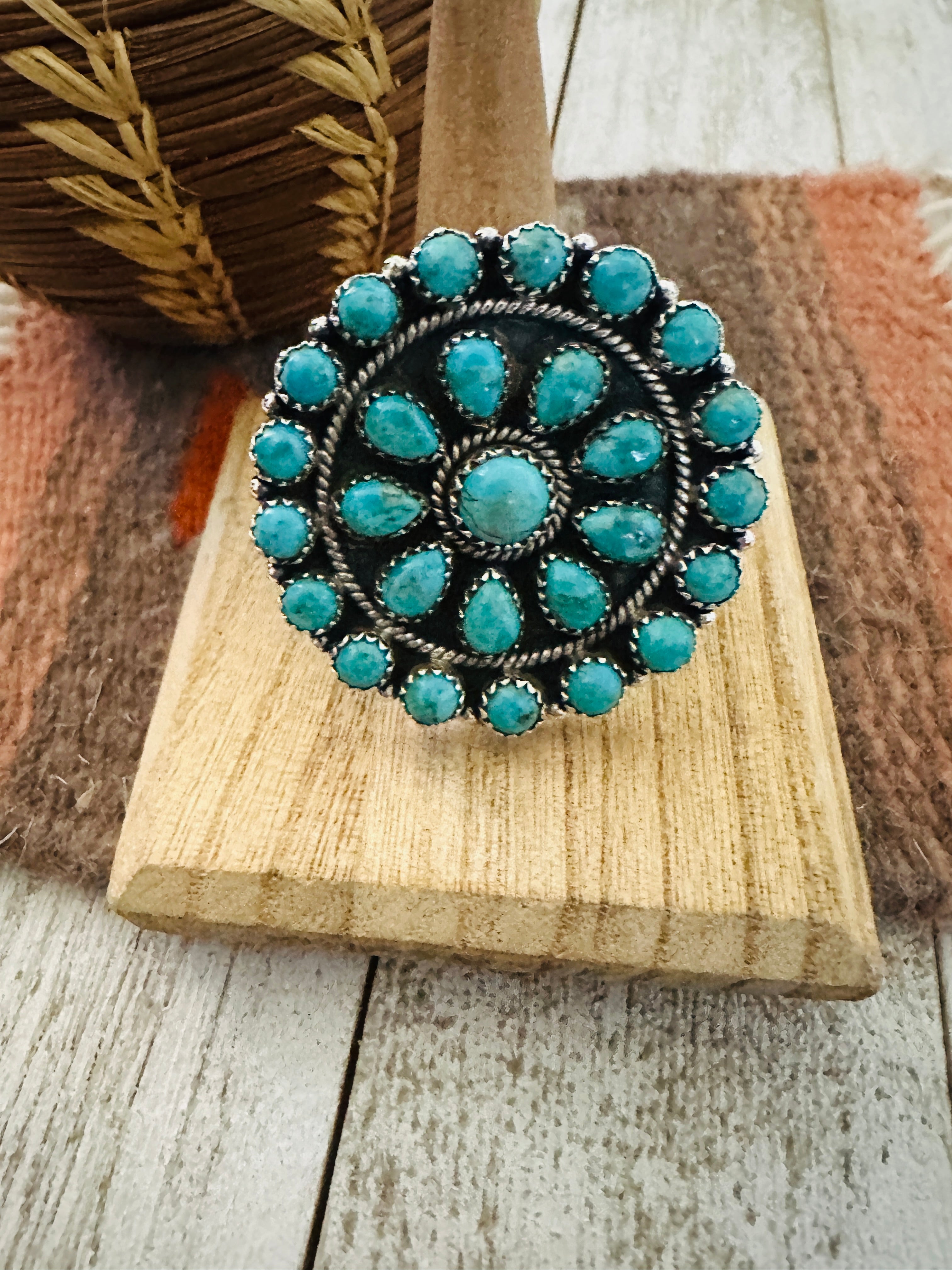 Handmade Sterling Silver & Turquoise Cluster Adjustable Ring by Nizhoni