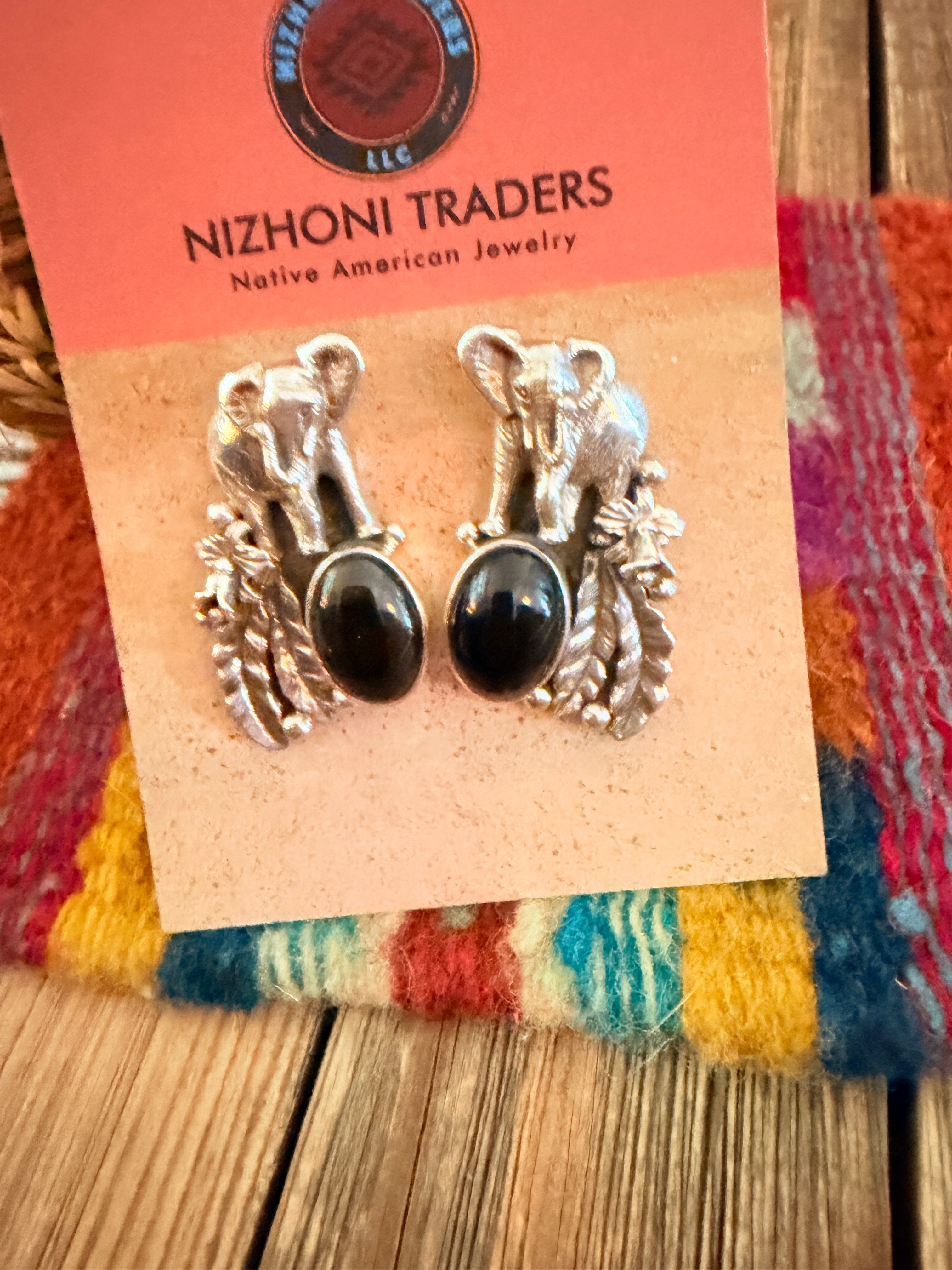 Old Pawn Vintage Handcrafted Onyx & Sterling Silver Elephant Earrings