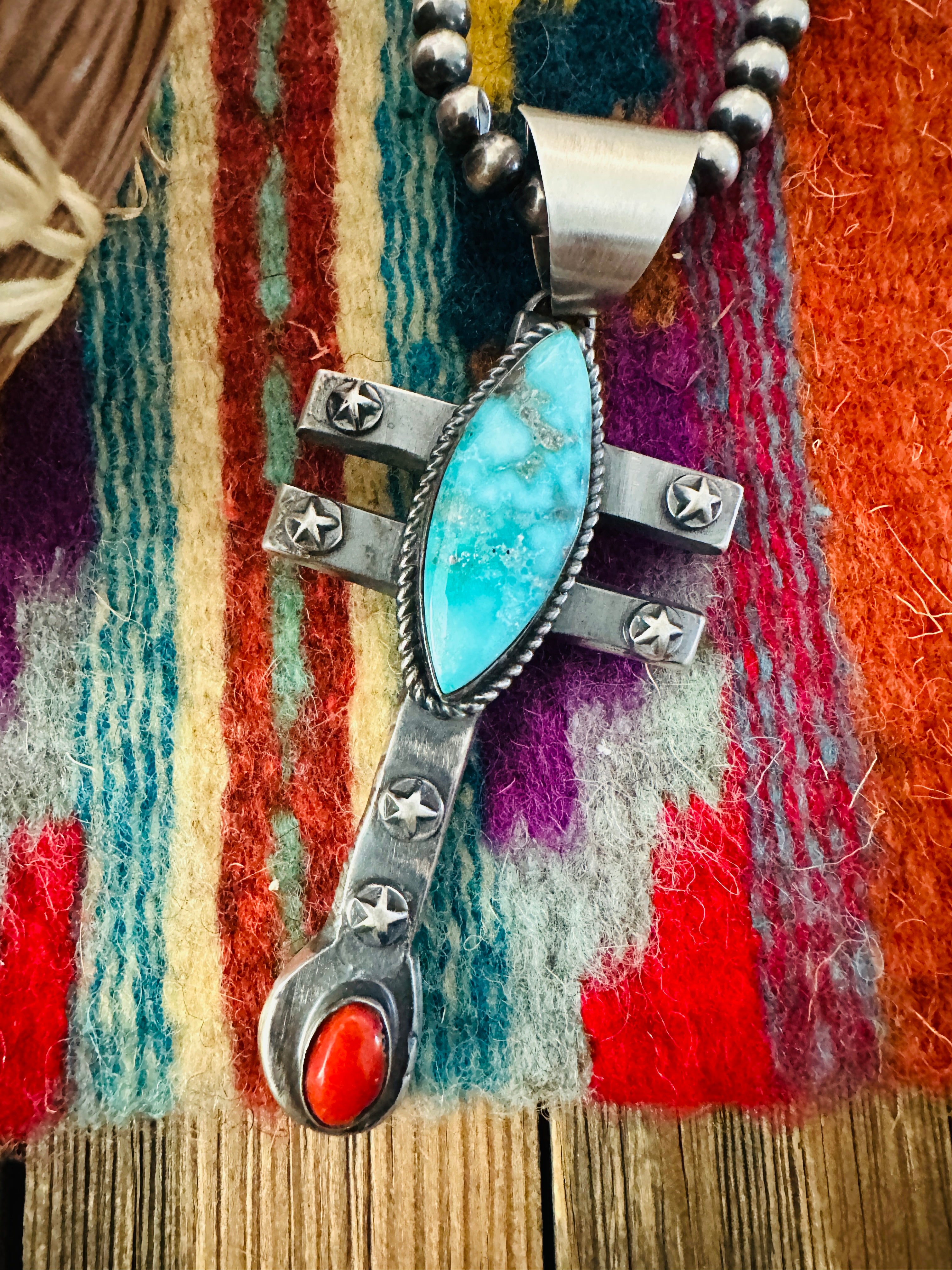 Handcrafted Sterling Silver, Turquoise & Coral Dragonfly Pendant by Chimney Butte