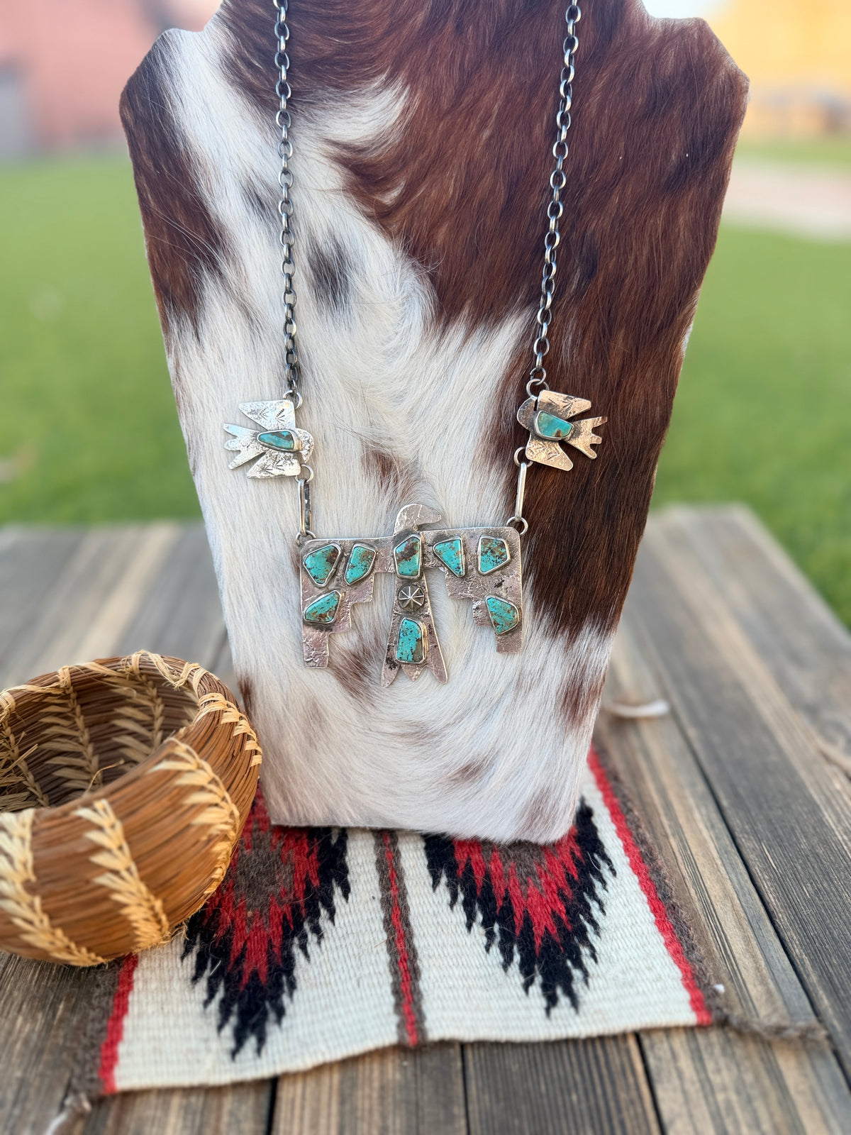 Handcrafted Sterling Silver & Kingman Turquoise Thunderbird Necklace by Jude Candelaria