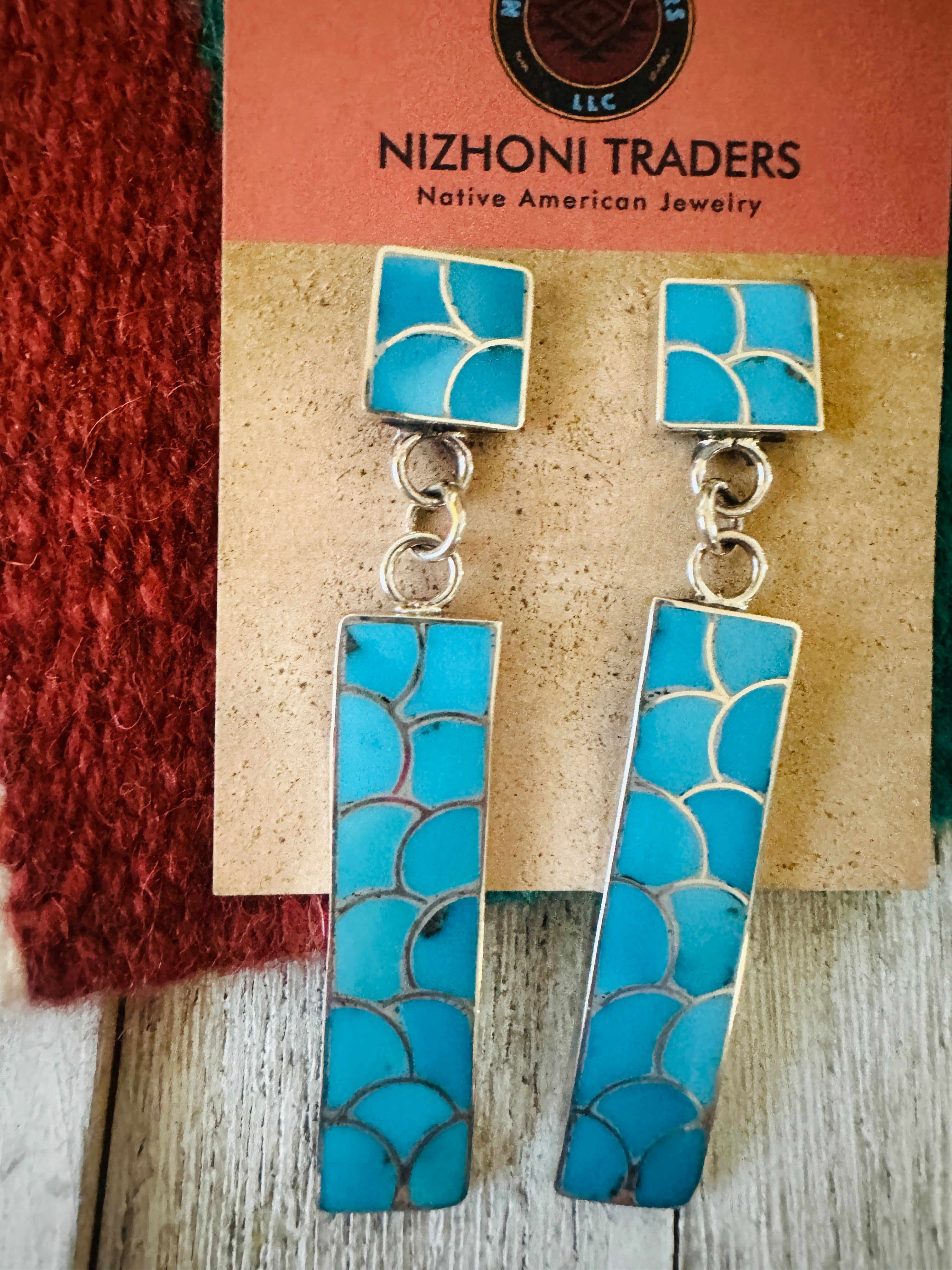 Zuni Sterling Silver & Turquoise Inlay Dangle Earrings