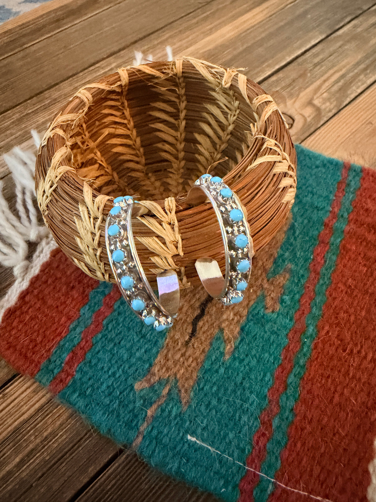 Handcrafted Sterling Silver & Turquoise Petit Point Hoop Earrings