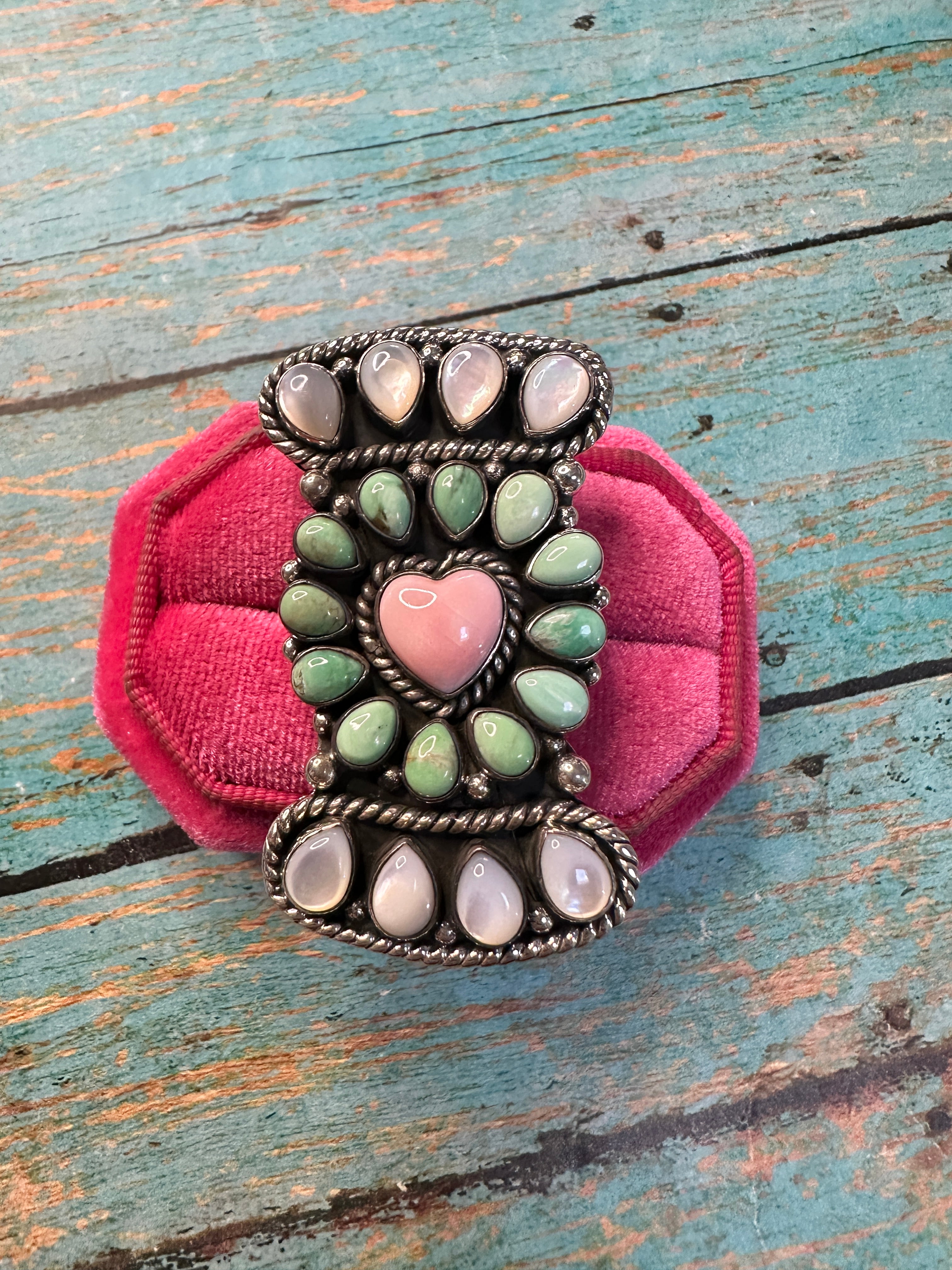 Beautiful Handmade Mother of Pearl, Turquoise, Pink Conch And Sterling Silver Adjustable Cluster Heart Ring