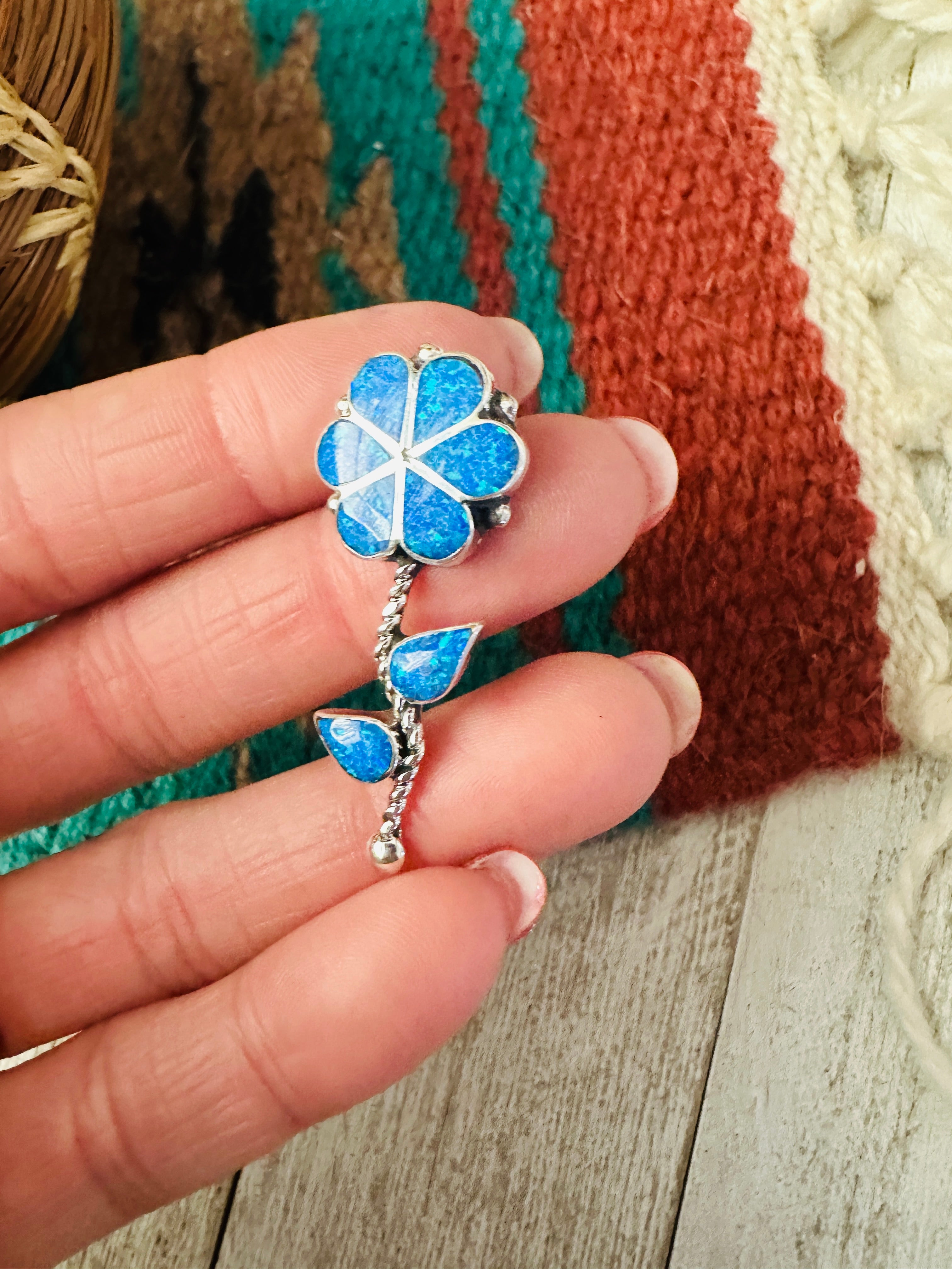 Zuni Blue Opal & Sterling Silver Inlay Flower Pendant