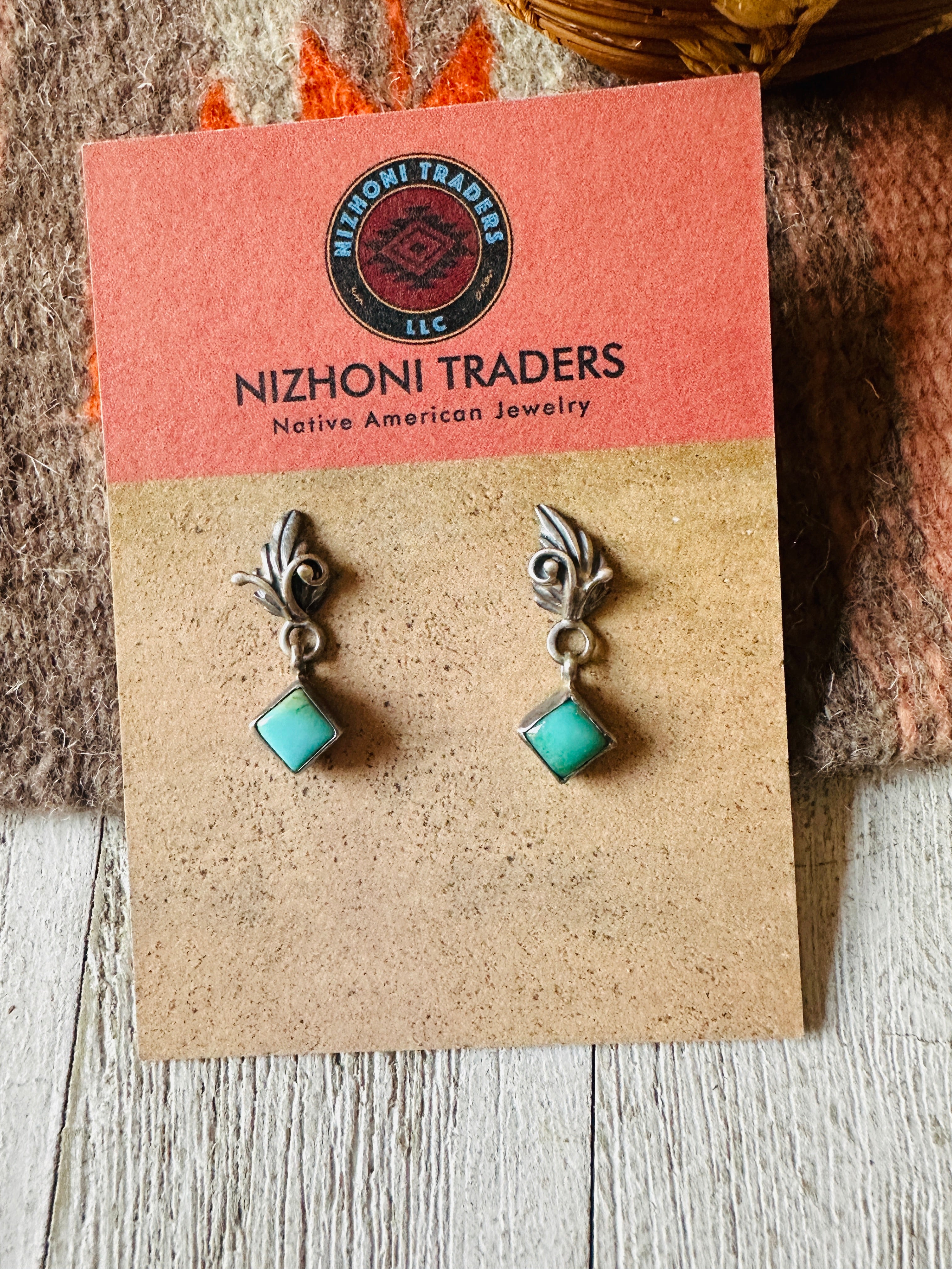 Navajo Turquoise & Sterling Silver Leaf Dangle Earrings