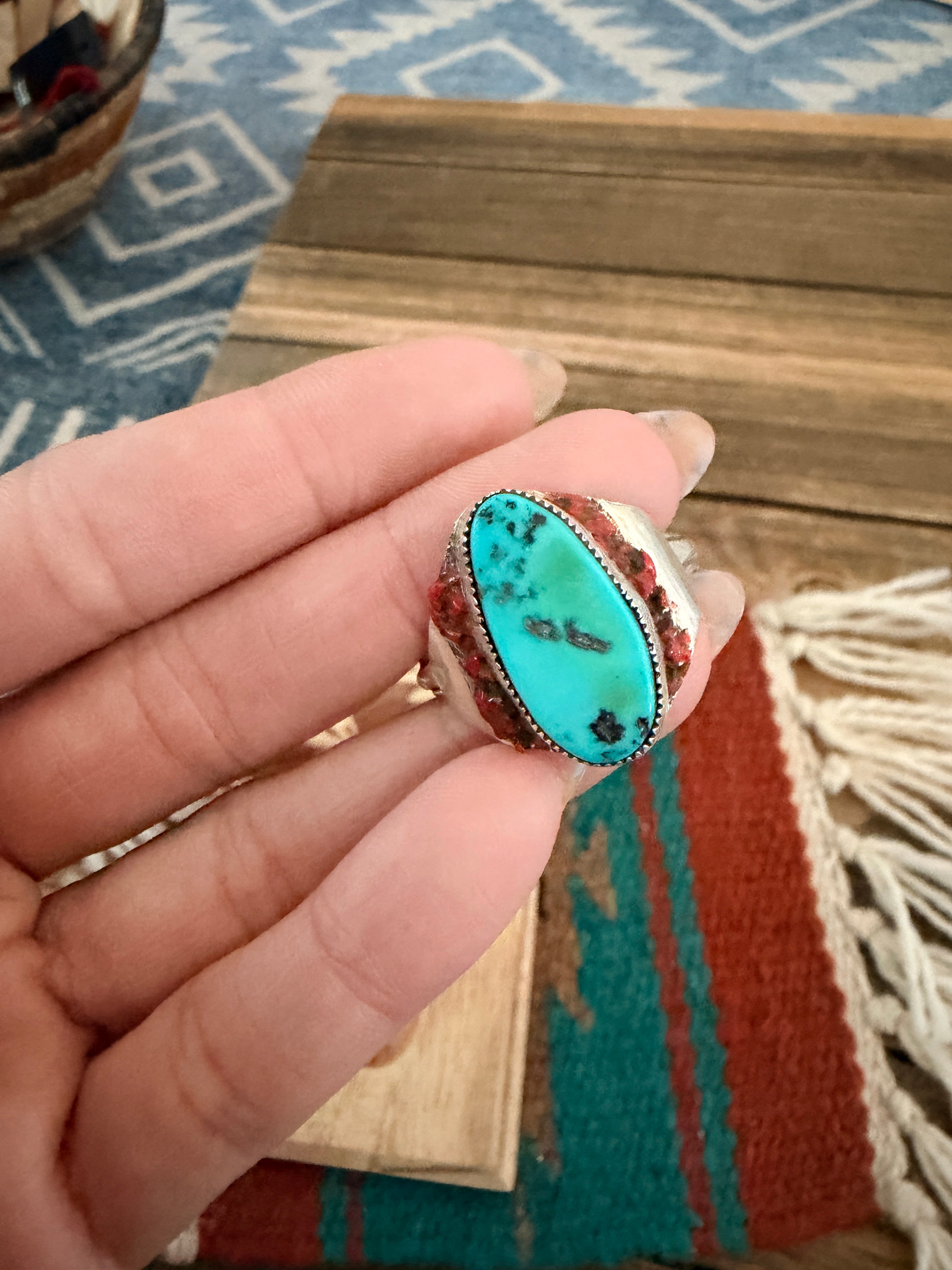Old Pawn Handcrafted Turquoise, Coral & Sterling Silver Ring Size 14.5