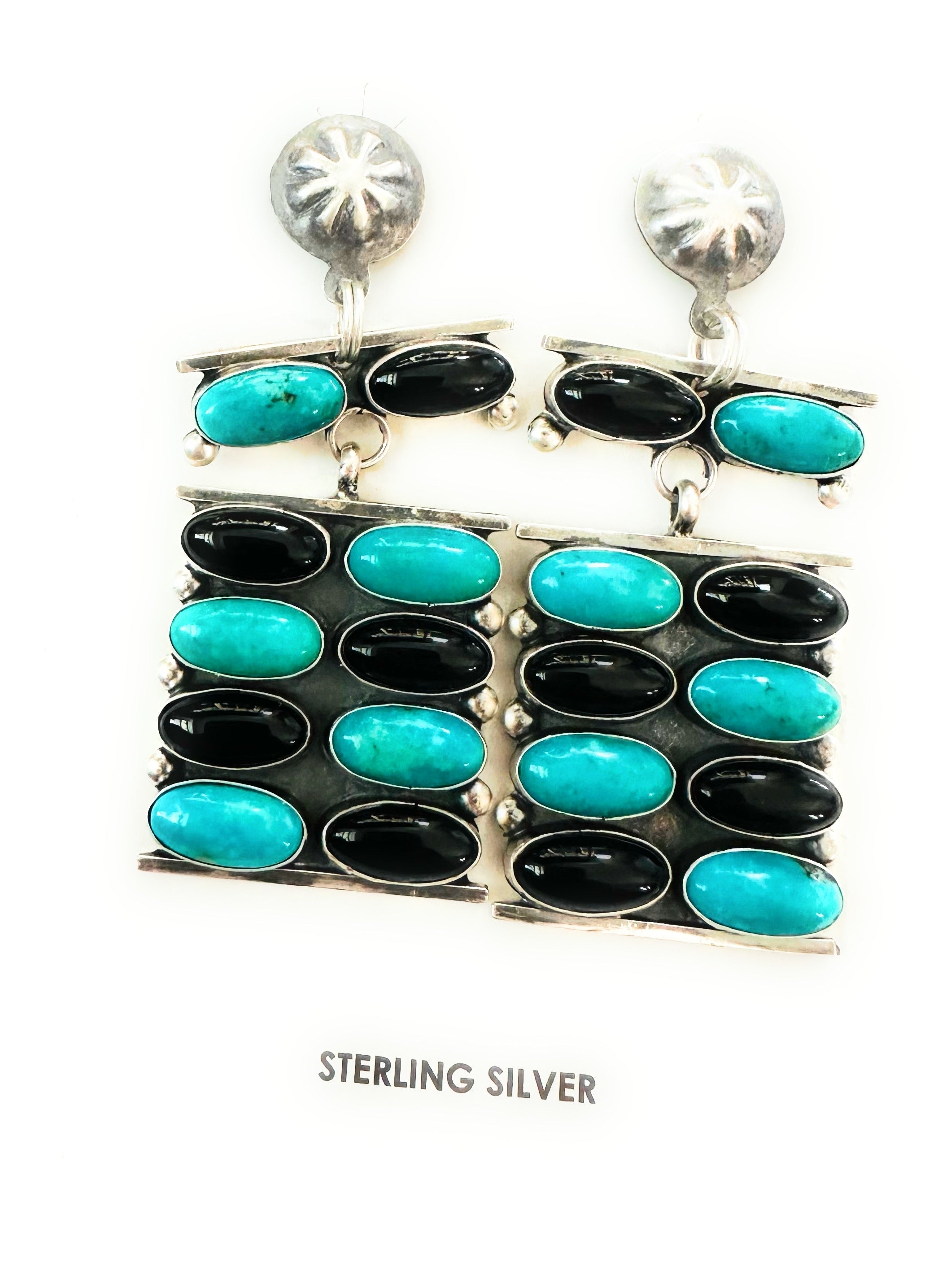 Navajo Turquoise, Onyx & Sterling Silver Dangle Earrings