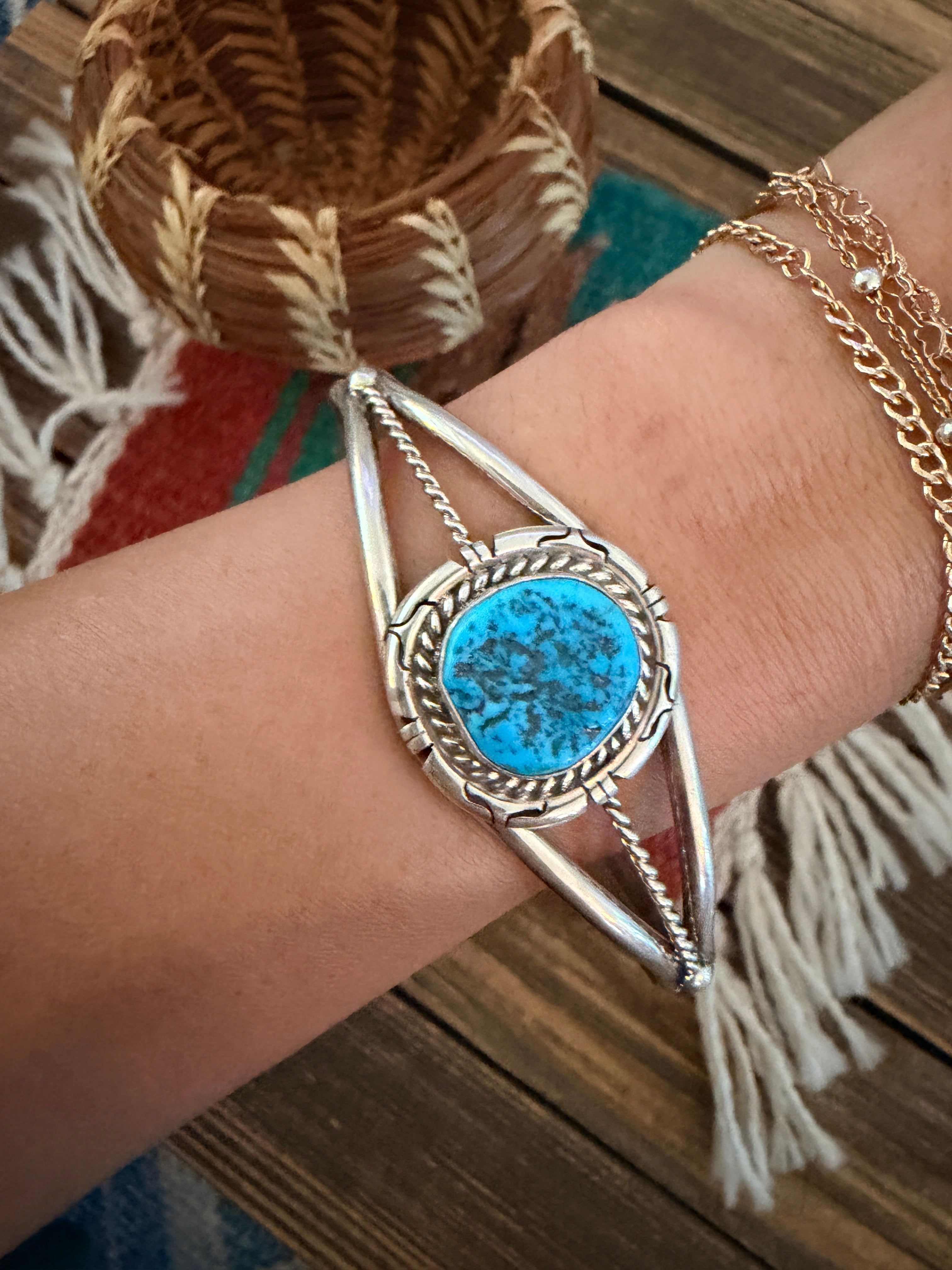 Handcrafted Turquoise & Sterling Silver Cuff Bracelet by David Skeets