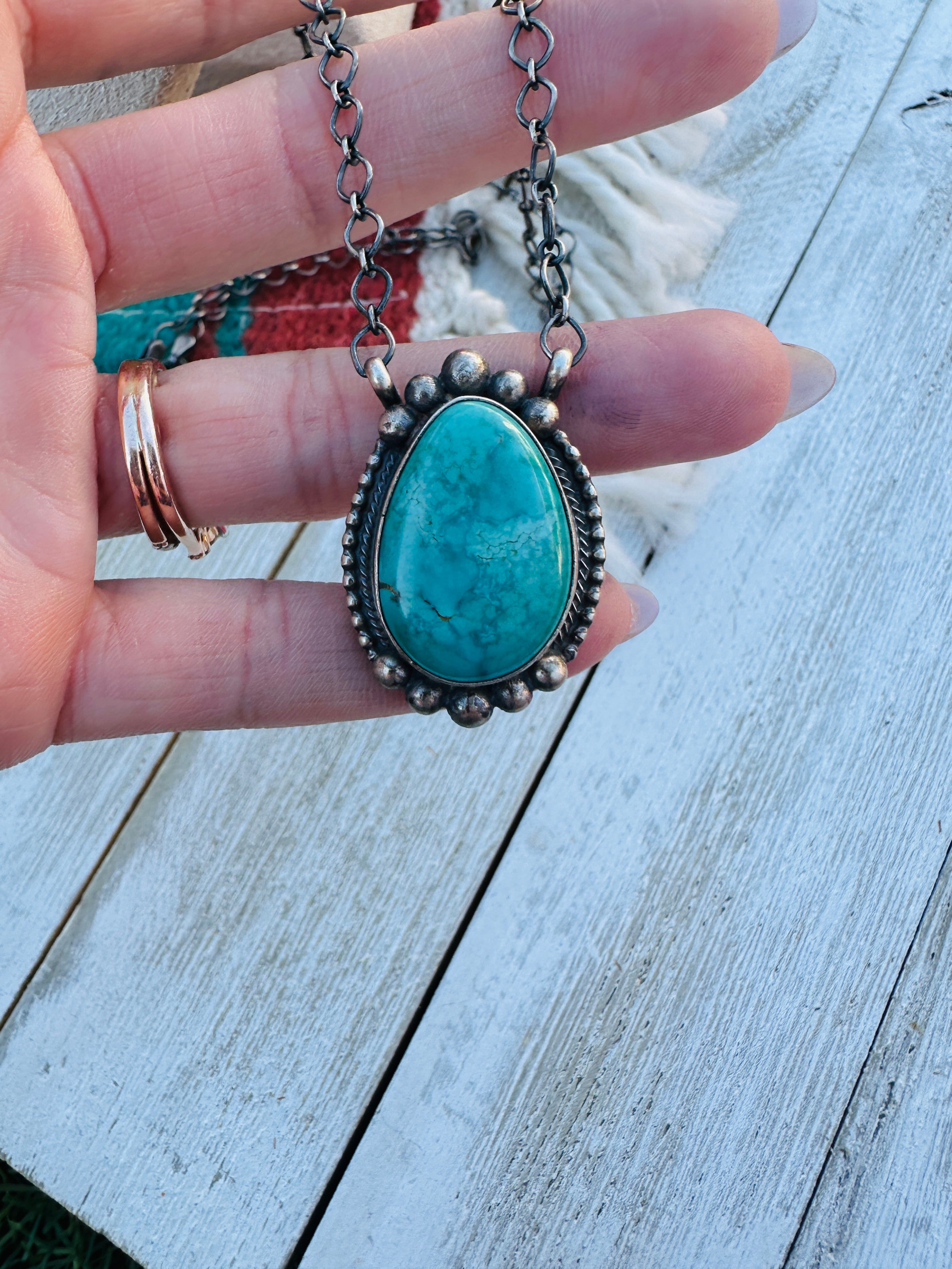 Handcrafted Sterling Silver 18” Link Chain & Turquoise Necklace