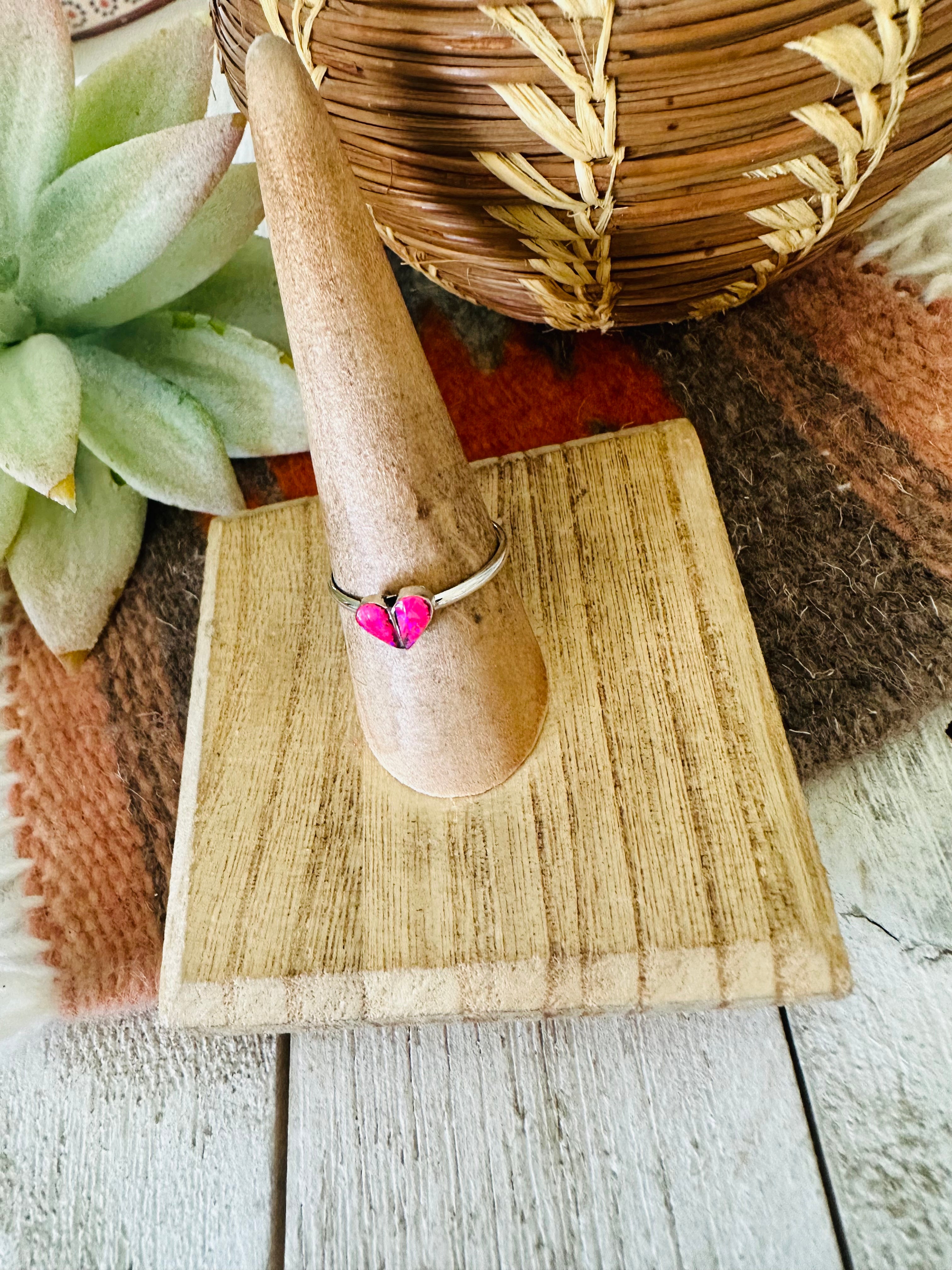 Zuni Sterling Silver & Pink Opal Inlay Heart Ring