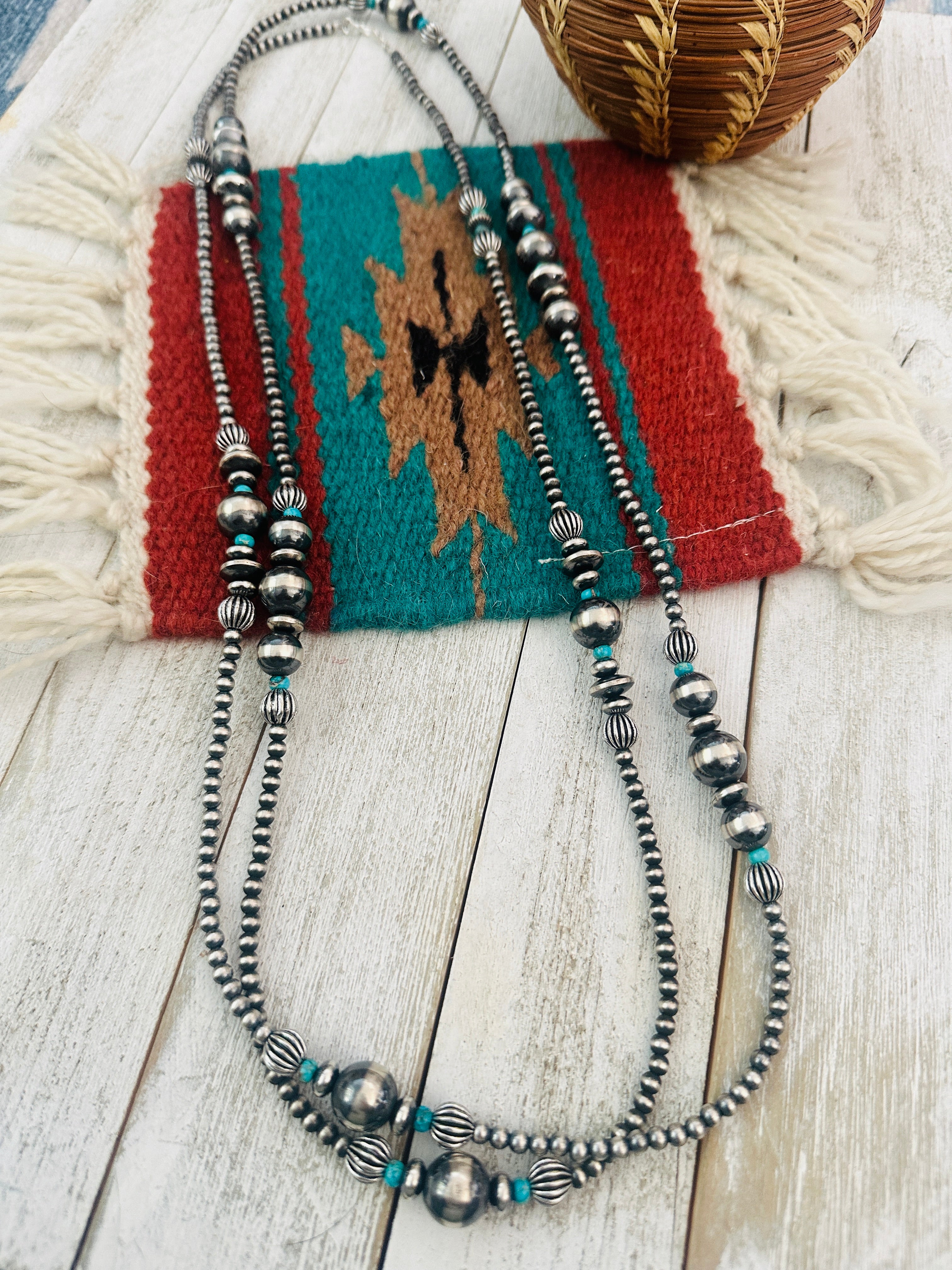 Navajo Sterling Silver Pearl & Turquoise Beaded Necklace 60”