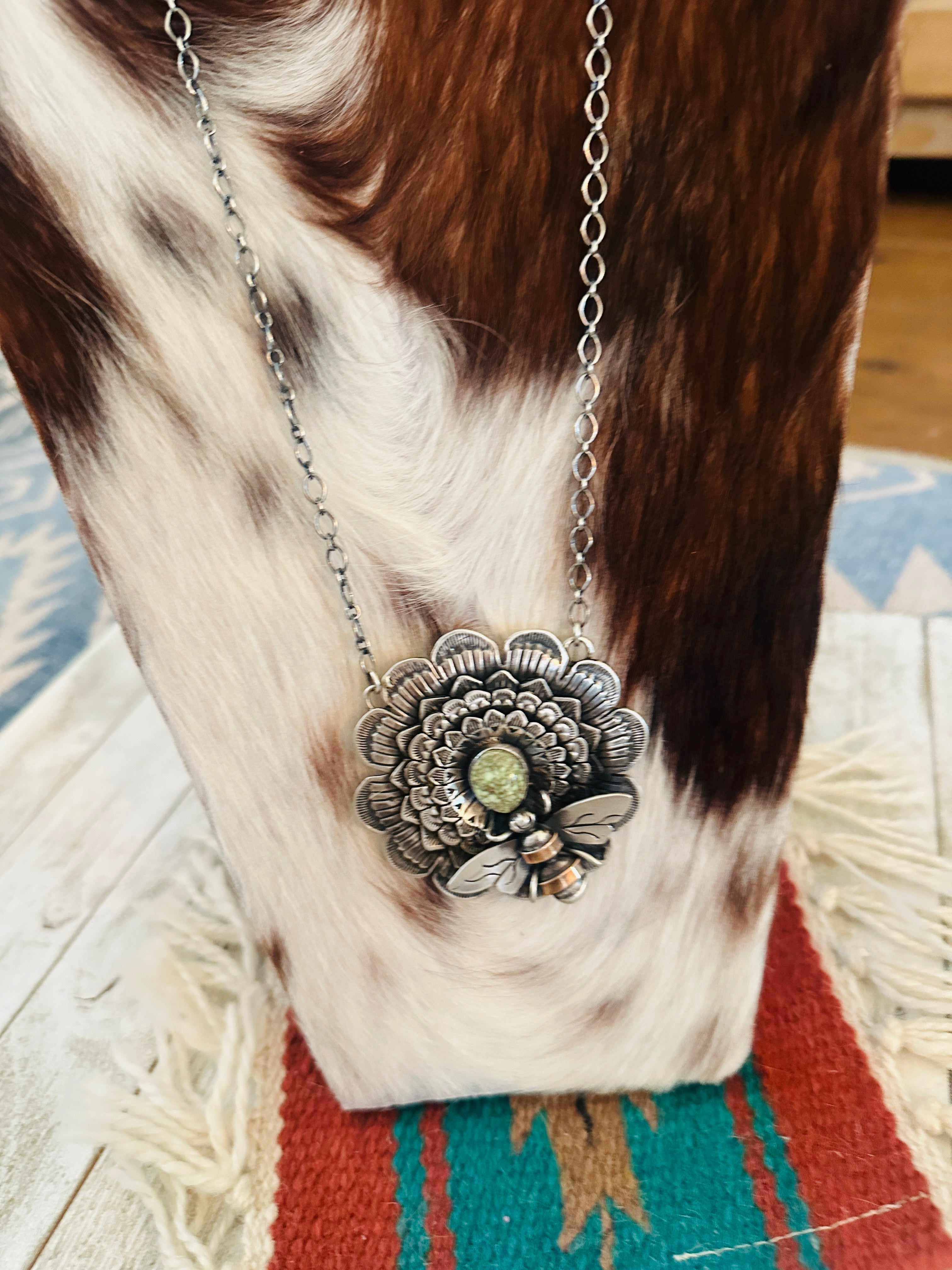 Handcrafted Sterling Silver and Turquoise Sunflower Necklace with Bee by Russell Sam