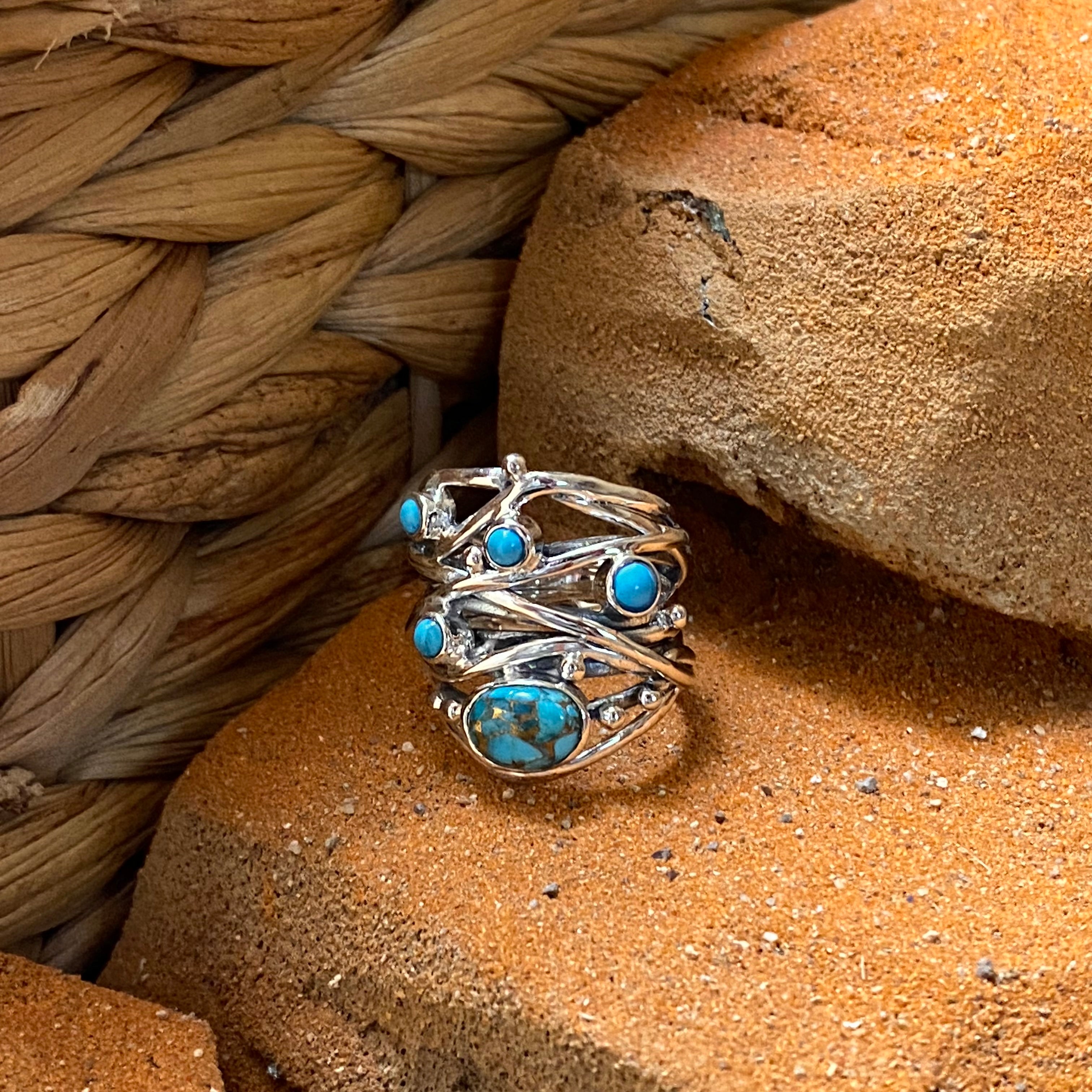 Sterling Silver Five Stone Copper Turquoise Strand Ring Size 9.5