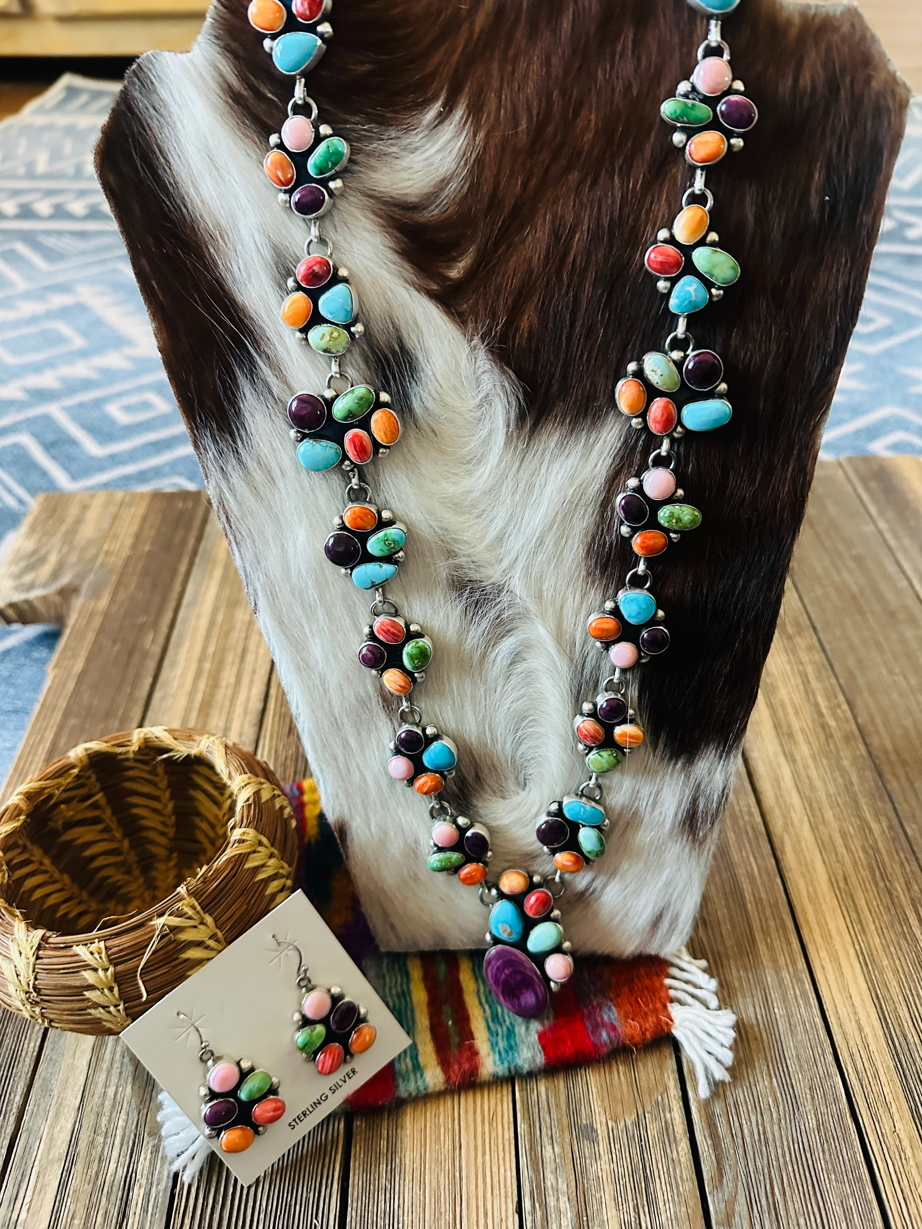 Handcrafted Multi Stone & Sterling Silver Cluster Necklace and Earring Set by Paul Livingston