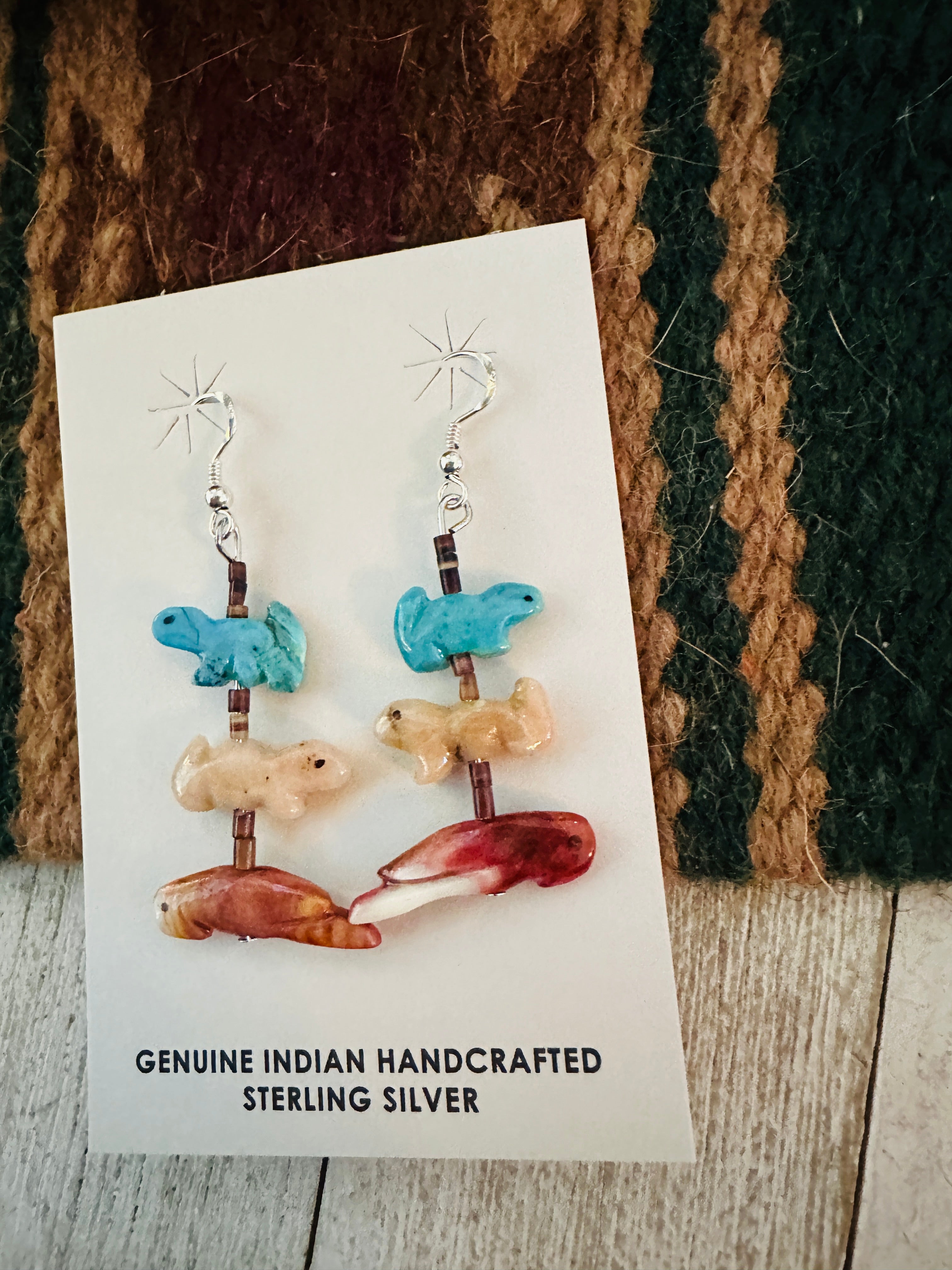 Zuni Multi Stone Beaded Fetish Dangle Earrings