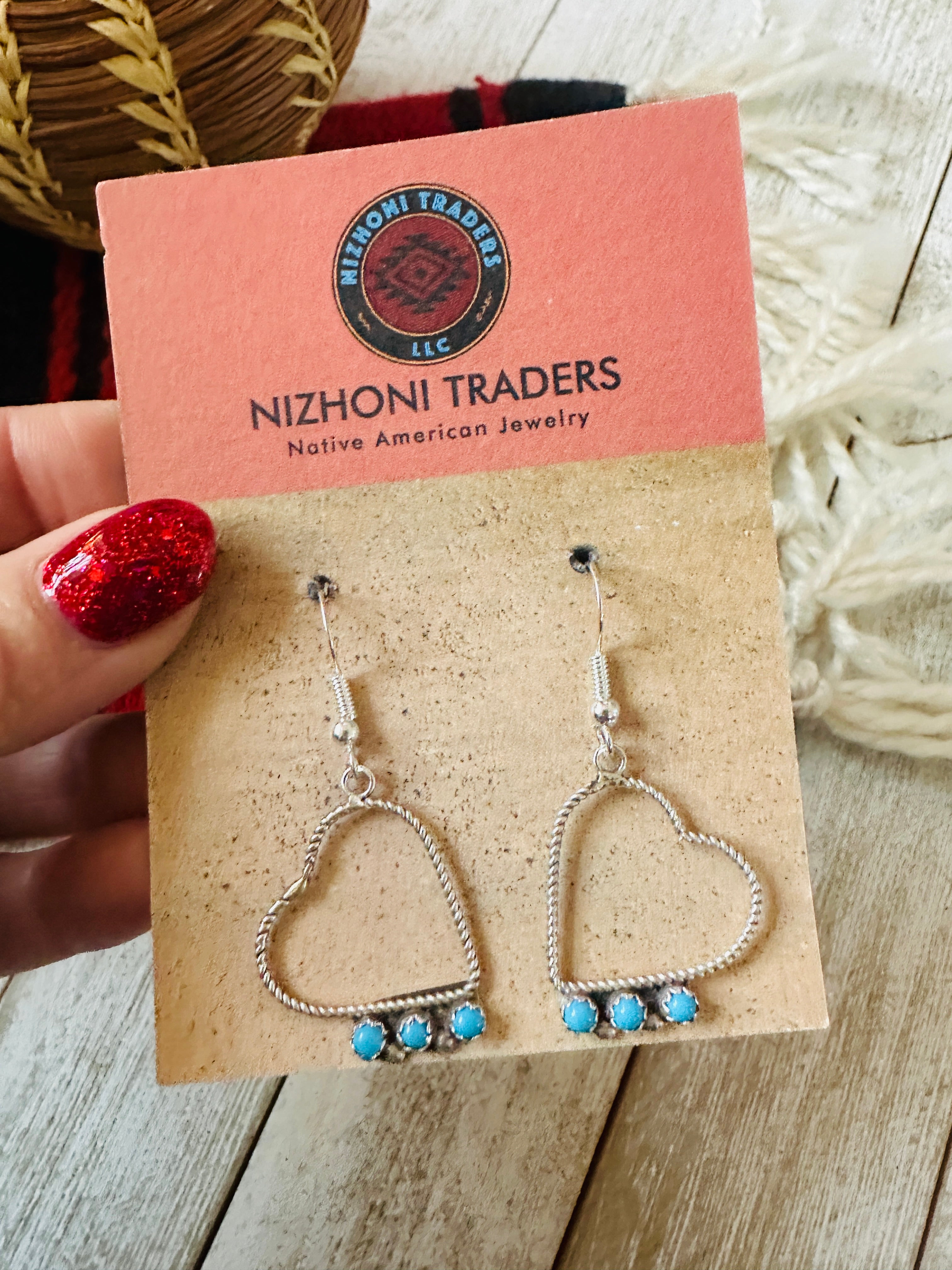 Navajo Turquoise & Sterling Silver Heart Dangle Earrings