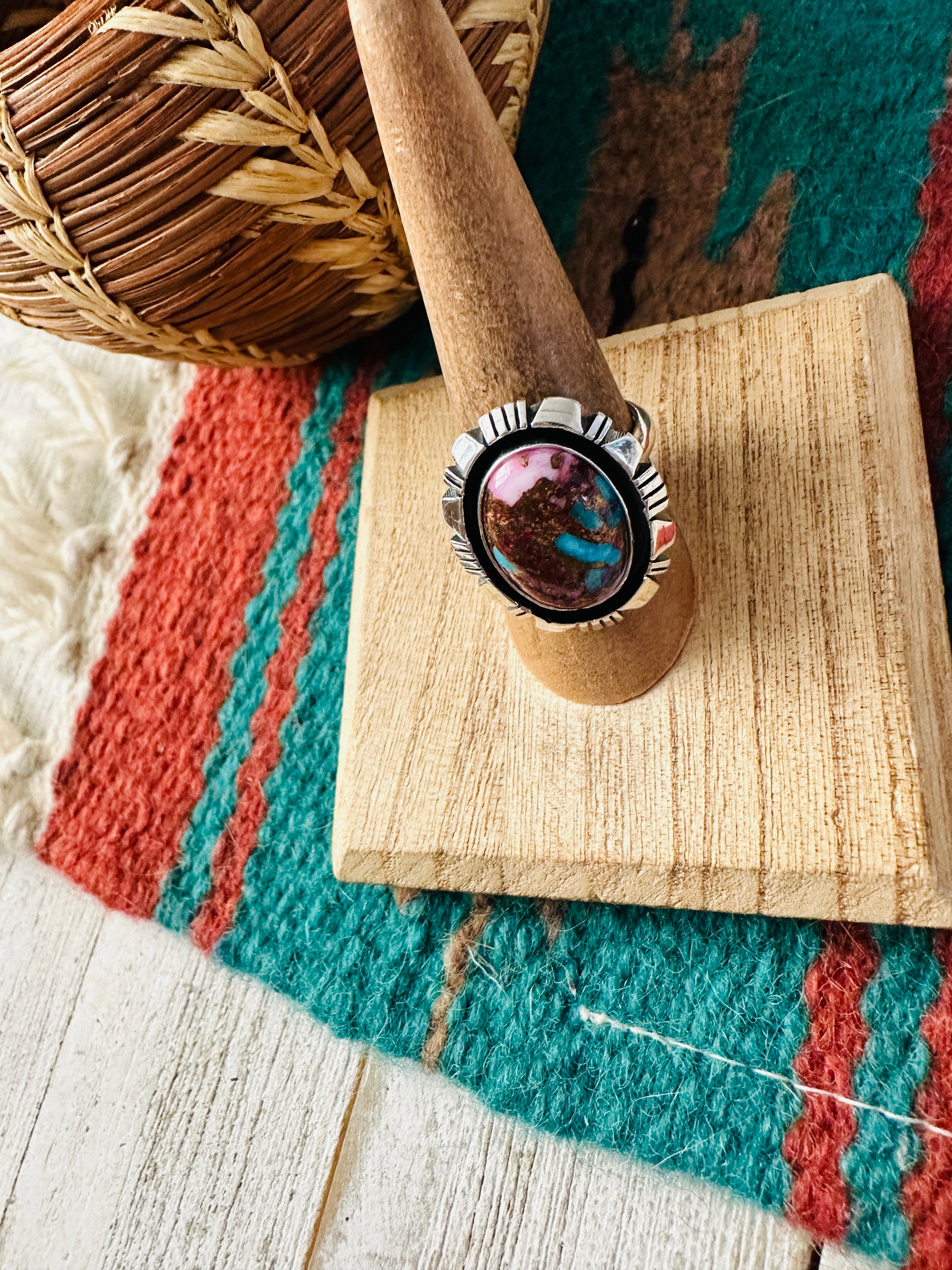 Navajo Sterling Silver & Pink Dream Mojave Adjustable Ring