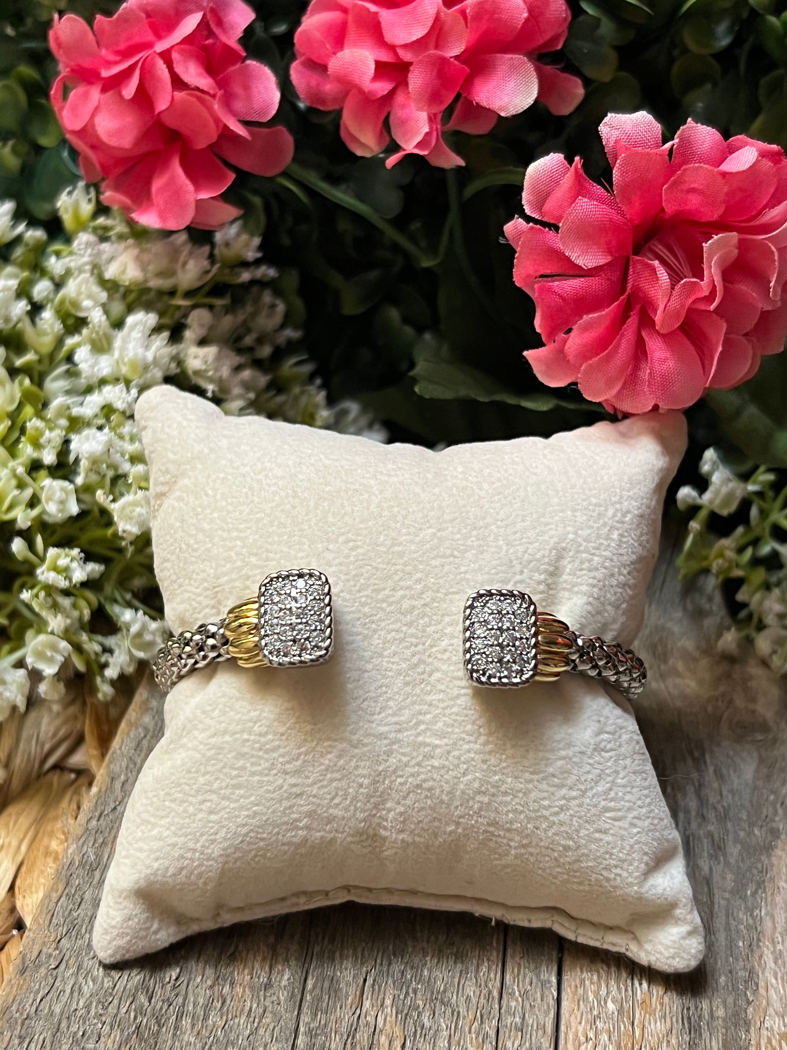 Silver & 14k Gold Plated Two Tone Popcorn Rectangle Shaped CZ Bangle Bracelet