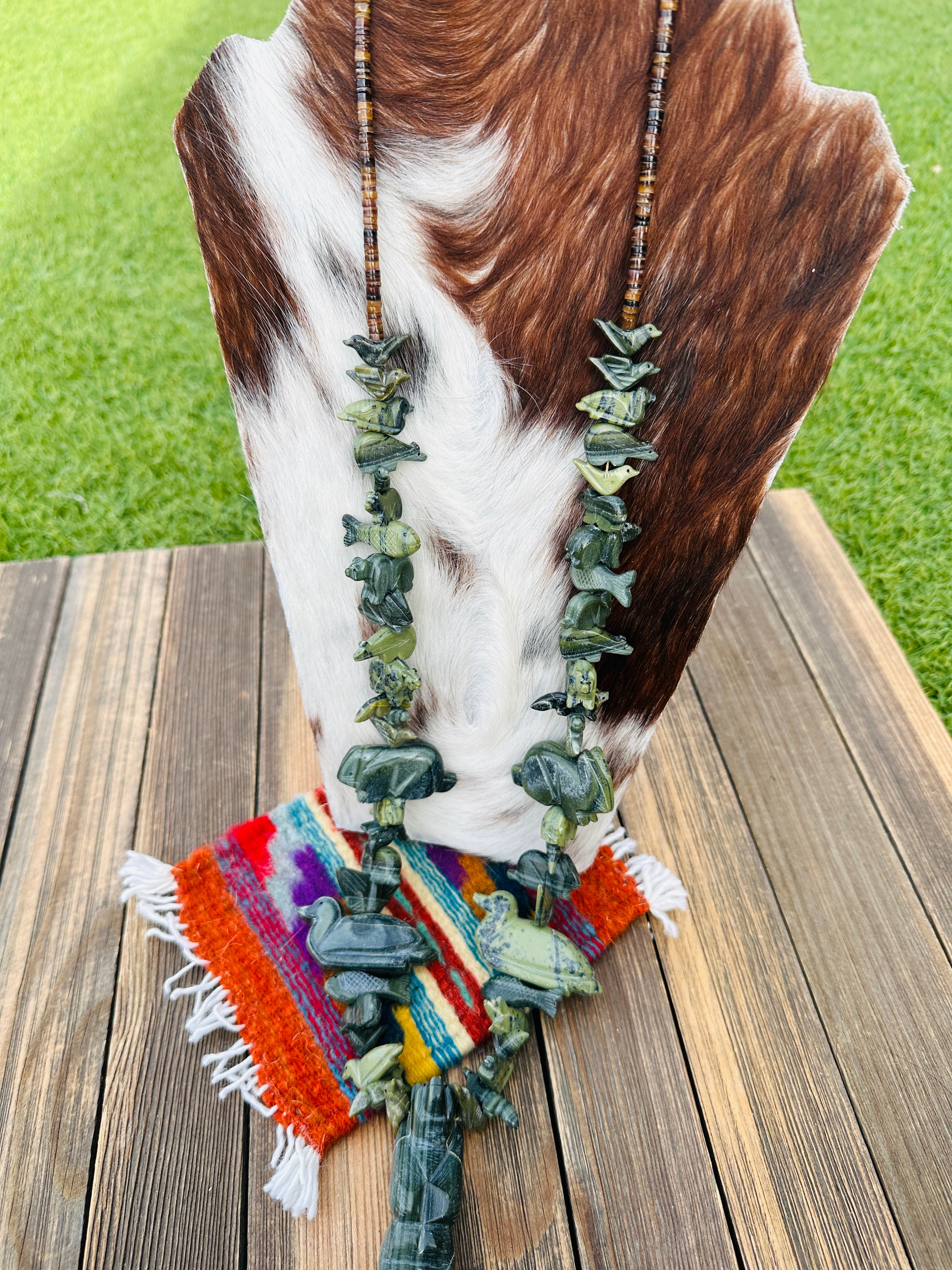 Handcrafted Serpentine & Sterling Silver Fetish Beaded Necklace