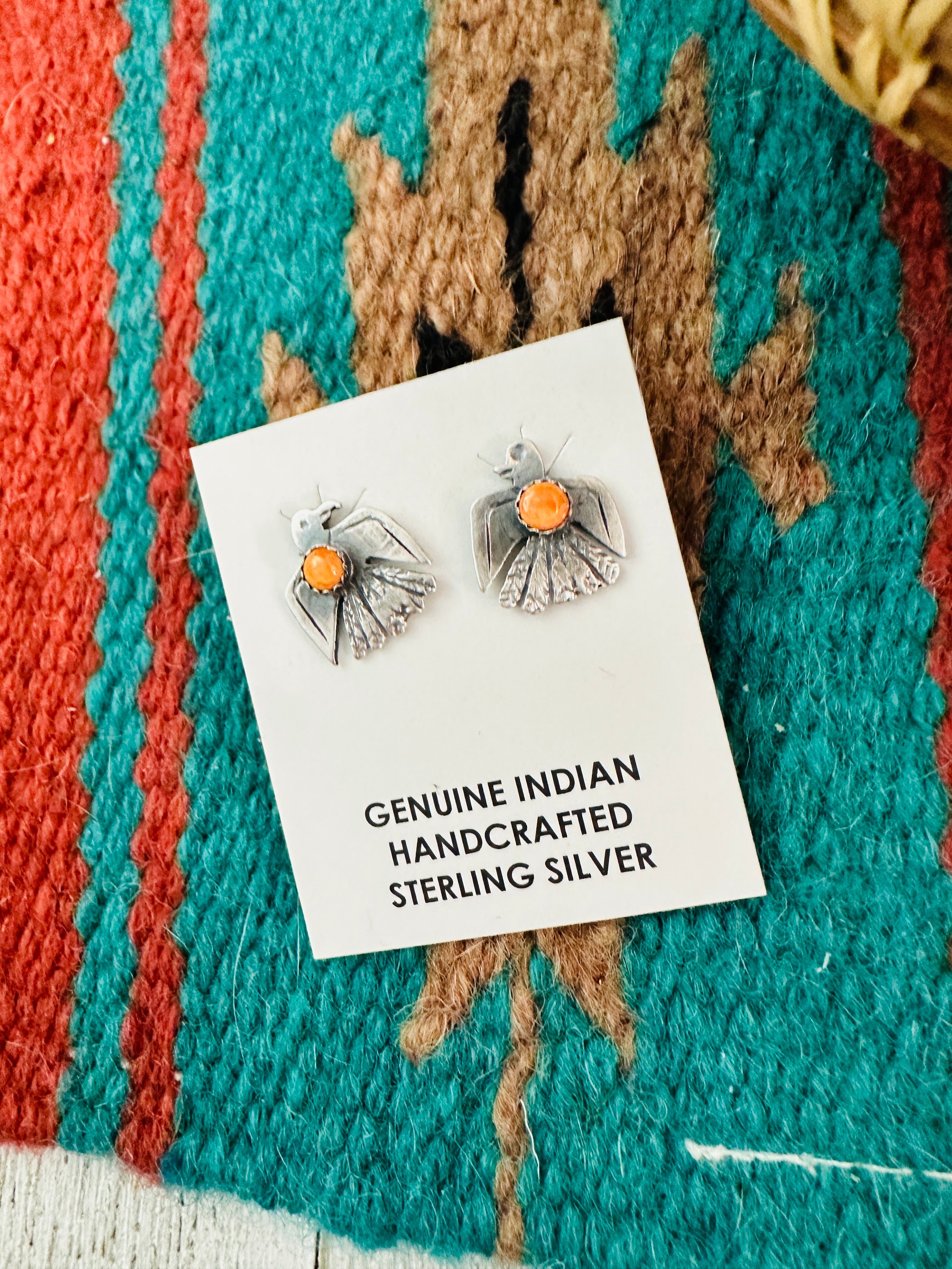 Navajo Sterling Silver & Orange Spiny Thunderbird Stud Earrings