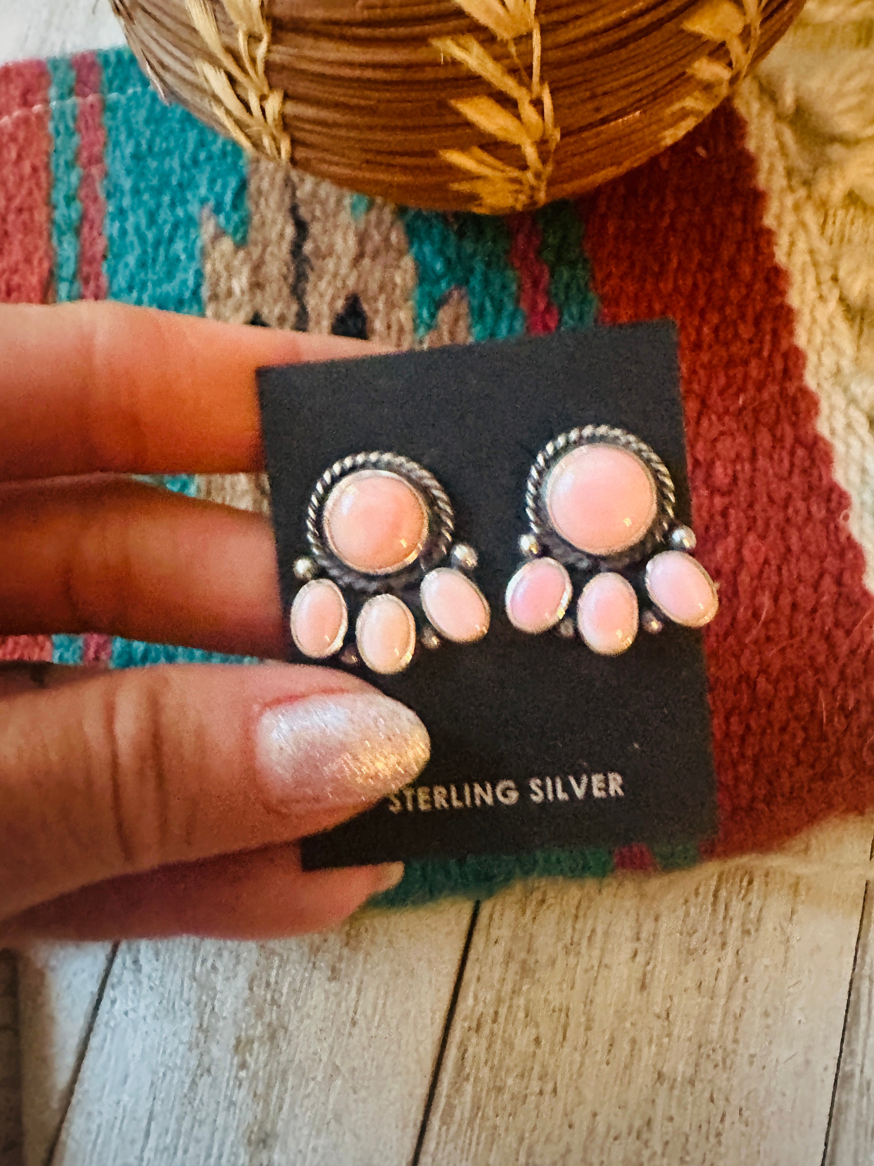 Navajo Sterling Silver & Queen Pink Conch Cluster Post Earrings