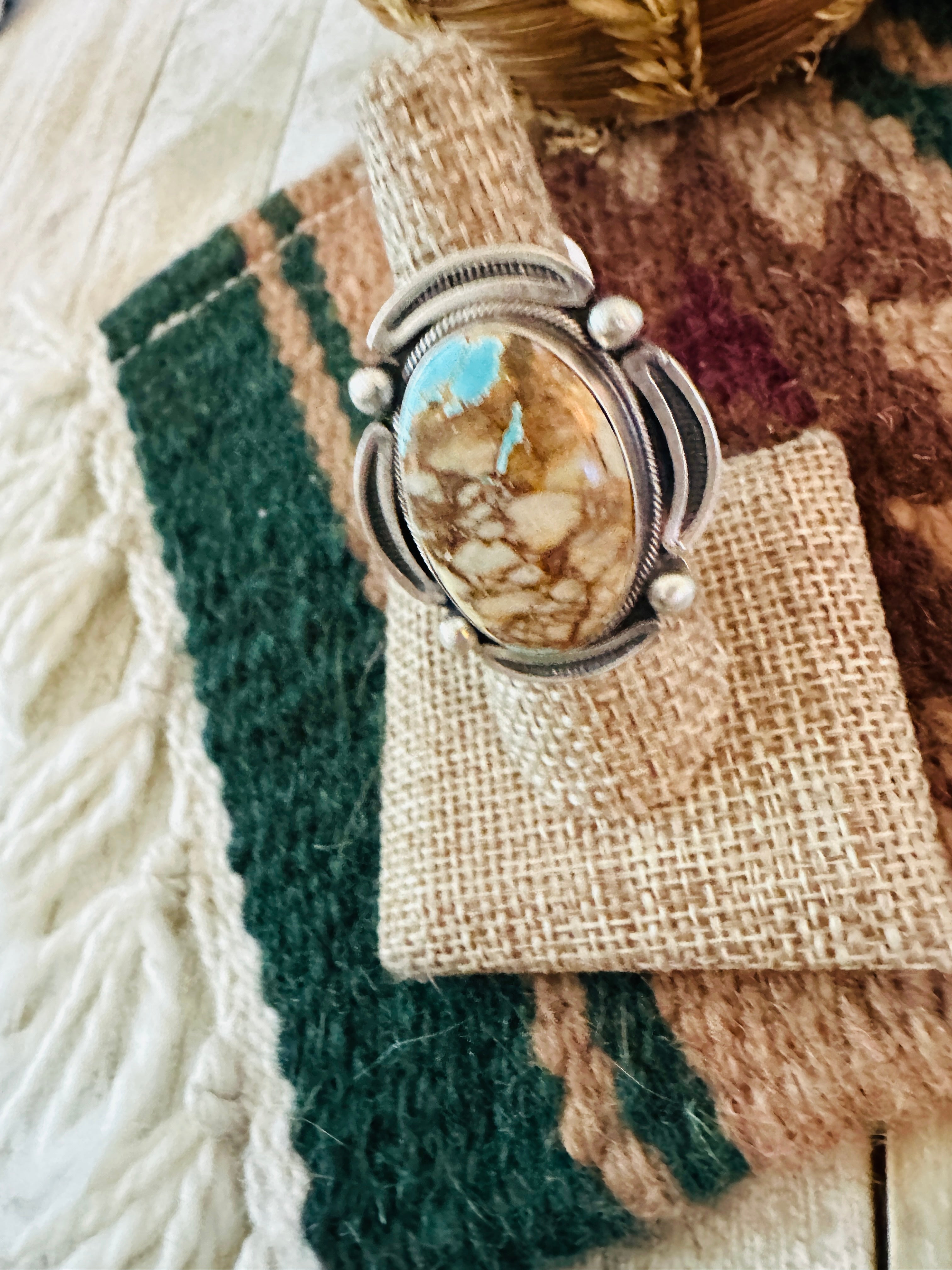 Handcrafted Sterling Silver & Ribbon Turquoise Ring Size 7.75