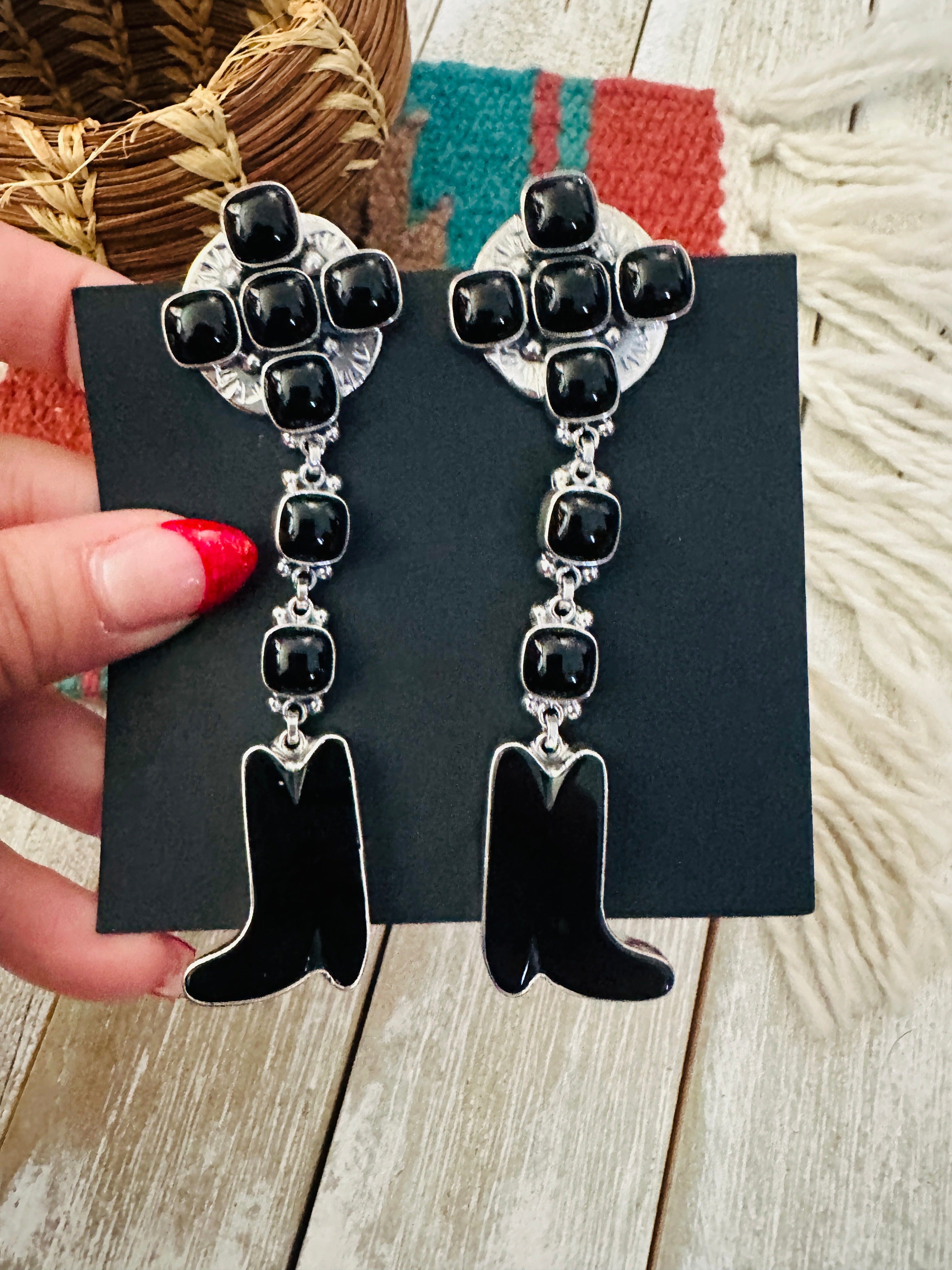 Handcrafted Onyx & Sterling Silver Cowboy Boot Dangle Earrings by Federico Jimenez