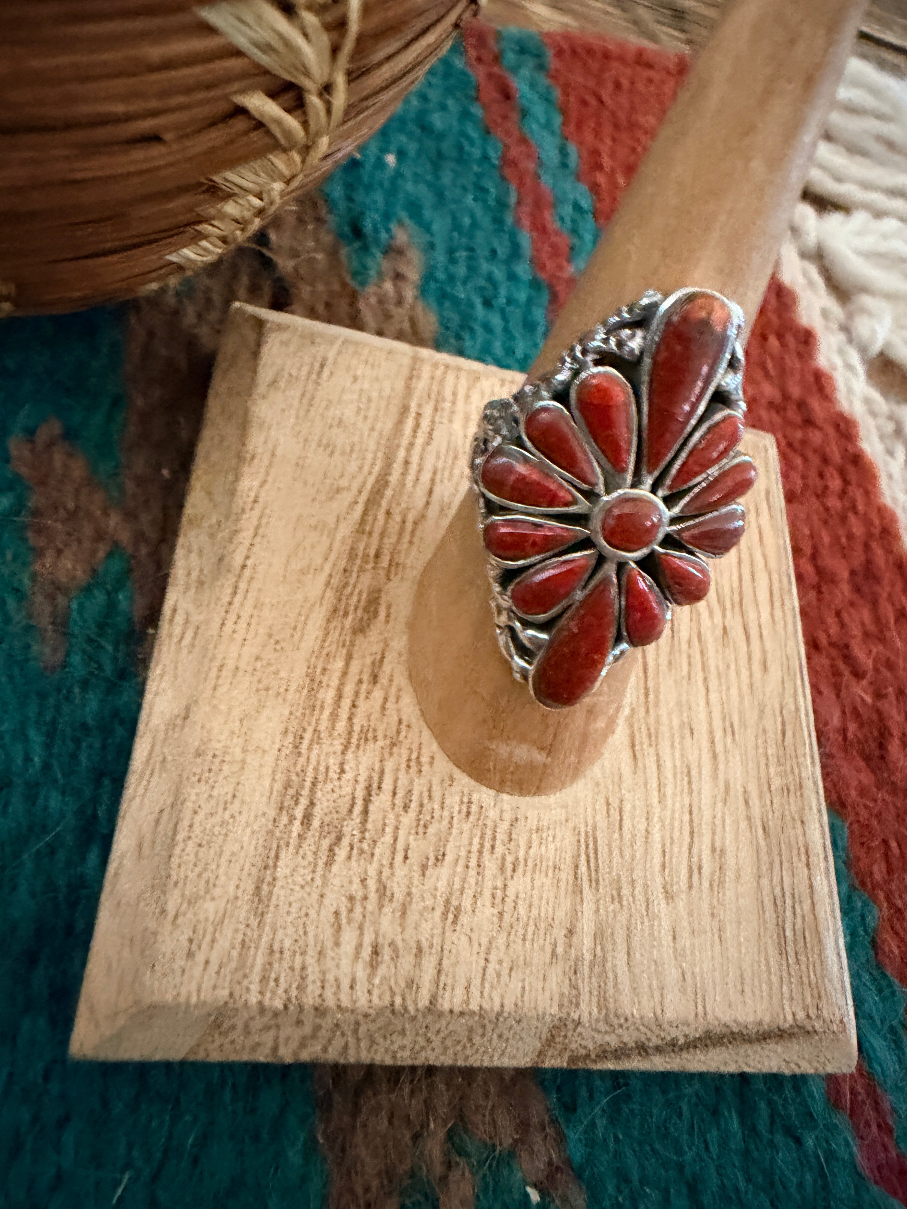 Handmade Sterling Silver and Coral Adjustable Ring