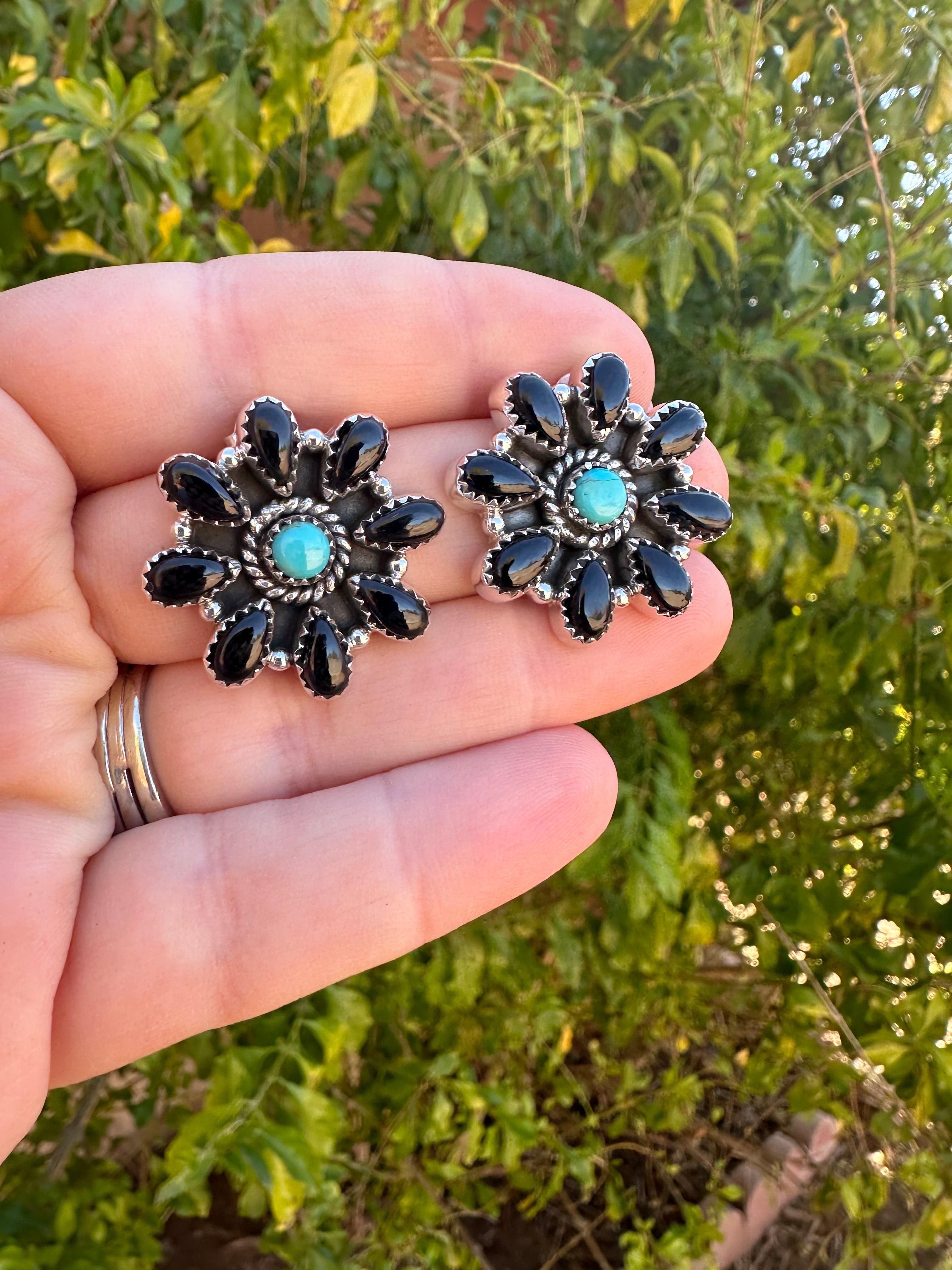 Handmade Sterling Silver, Onyx, Turquoise Post Cluster Earrings Signed Nizhoni