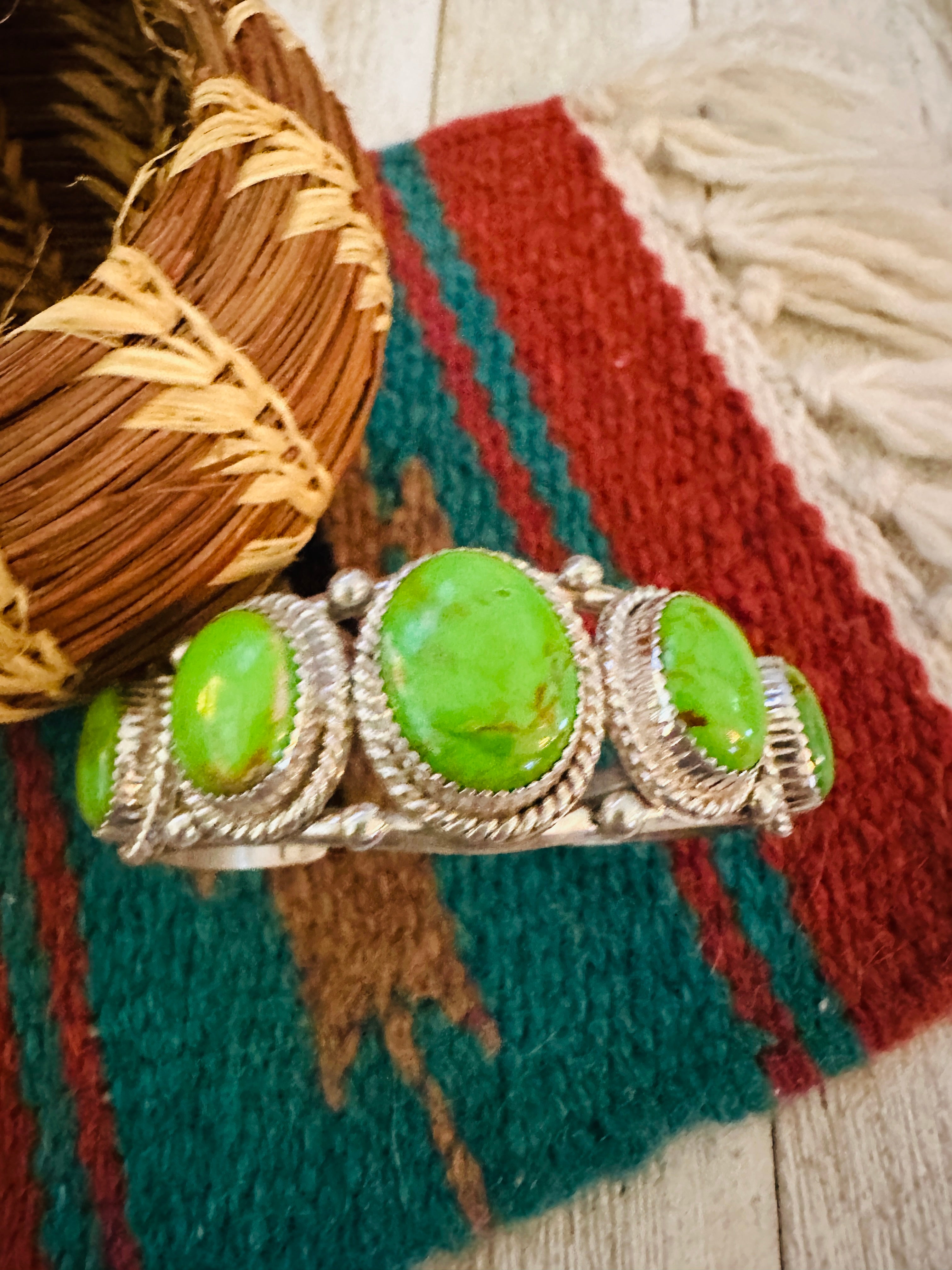 Handcrafted Green Kingman Turquoise & Sterling Silver Cuff Bracelet