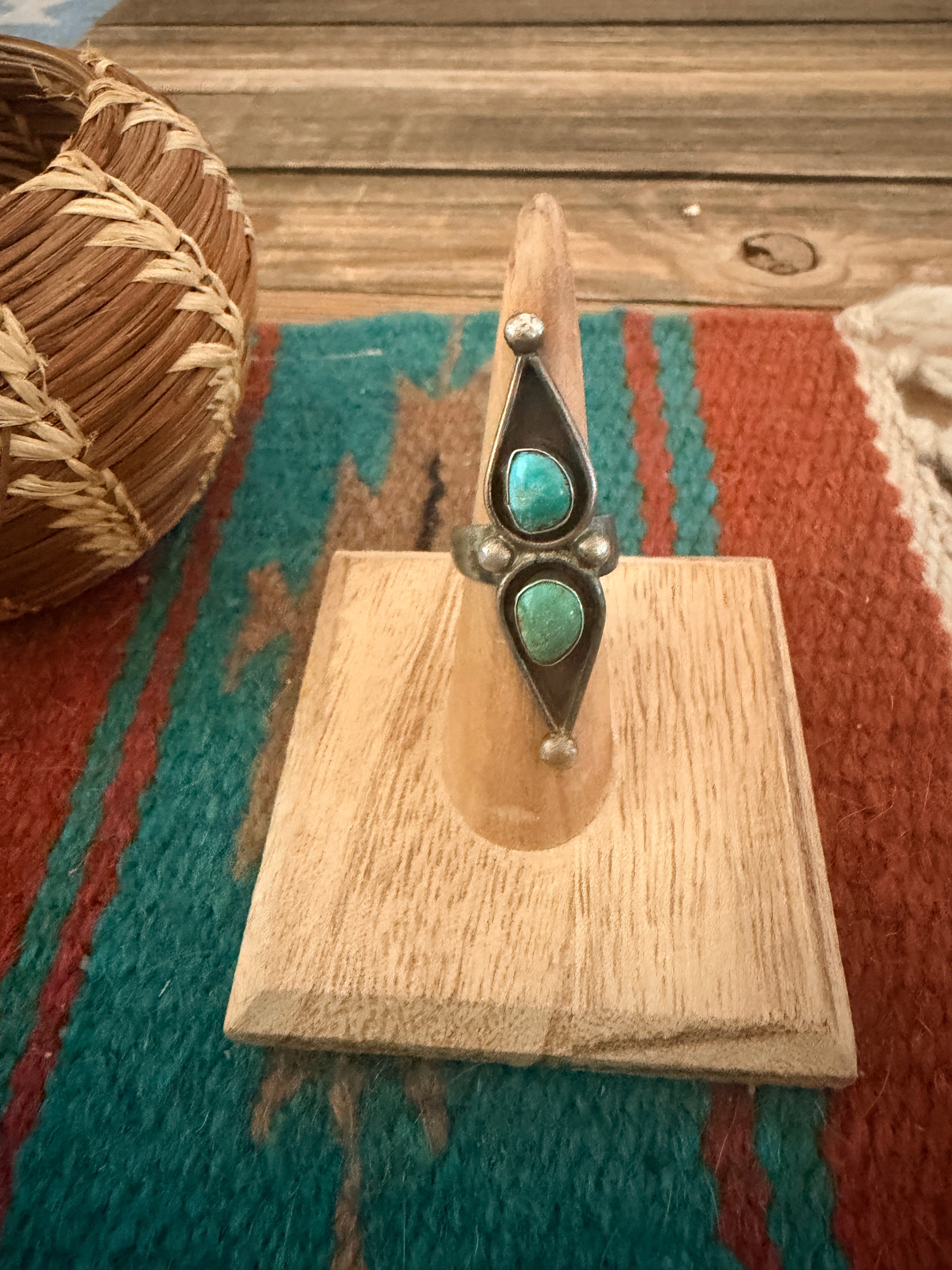 Old Pawn Handcrafted Turquoise & Sterling Silver Shadowbox Ring Size 6