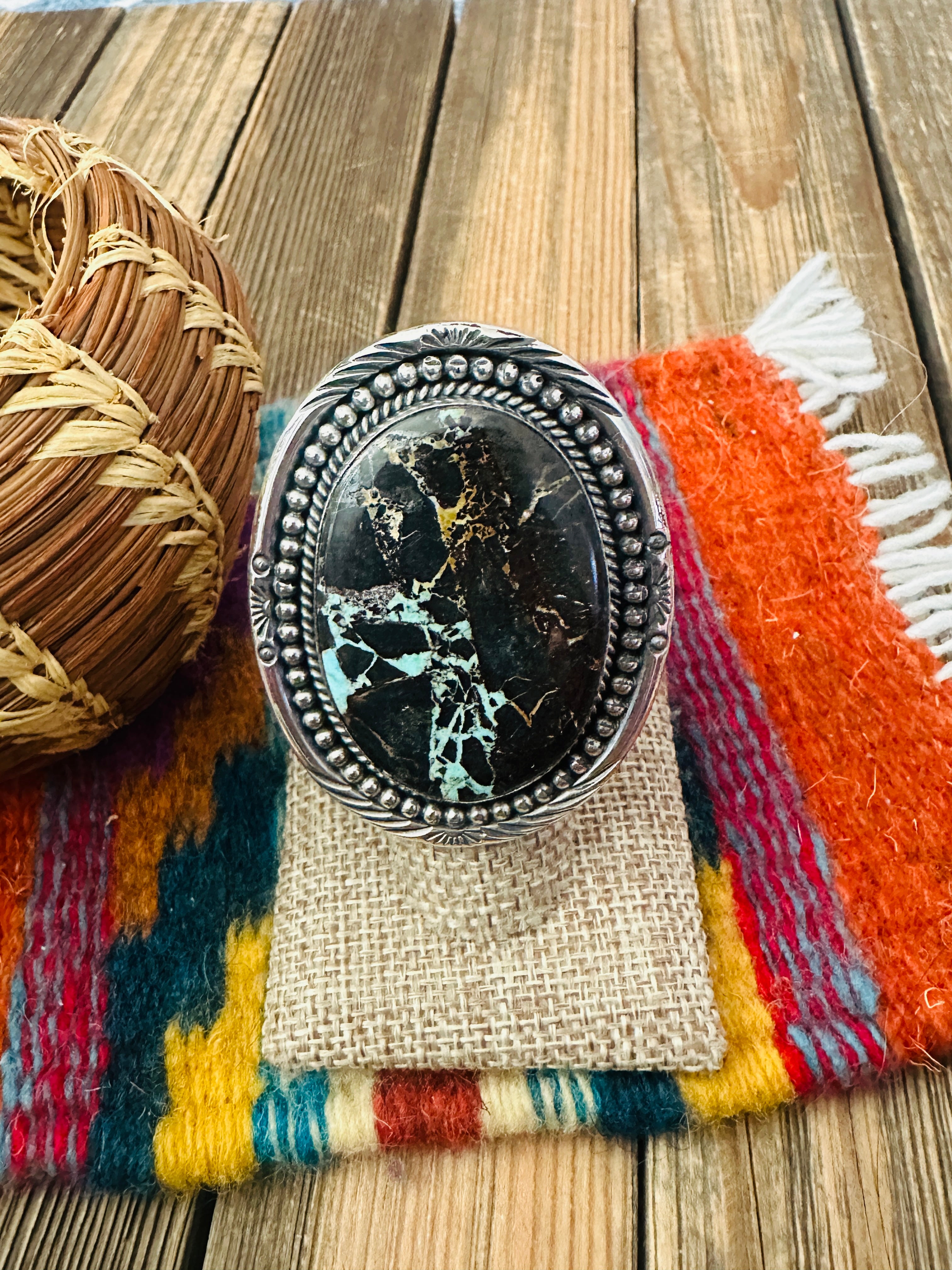 Handcrafted Blackjack Turquoise & Sterling Silver Adjustable Ring