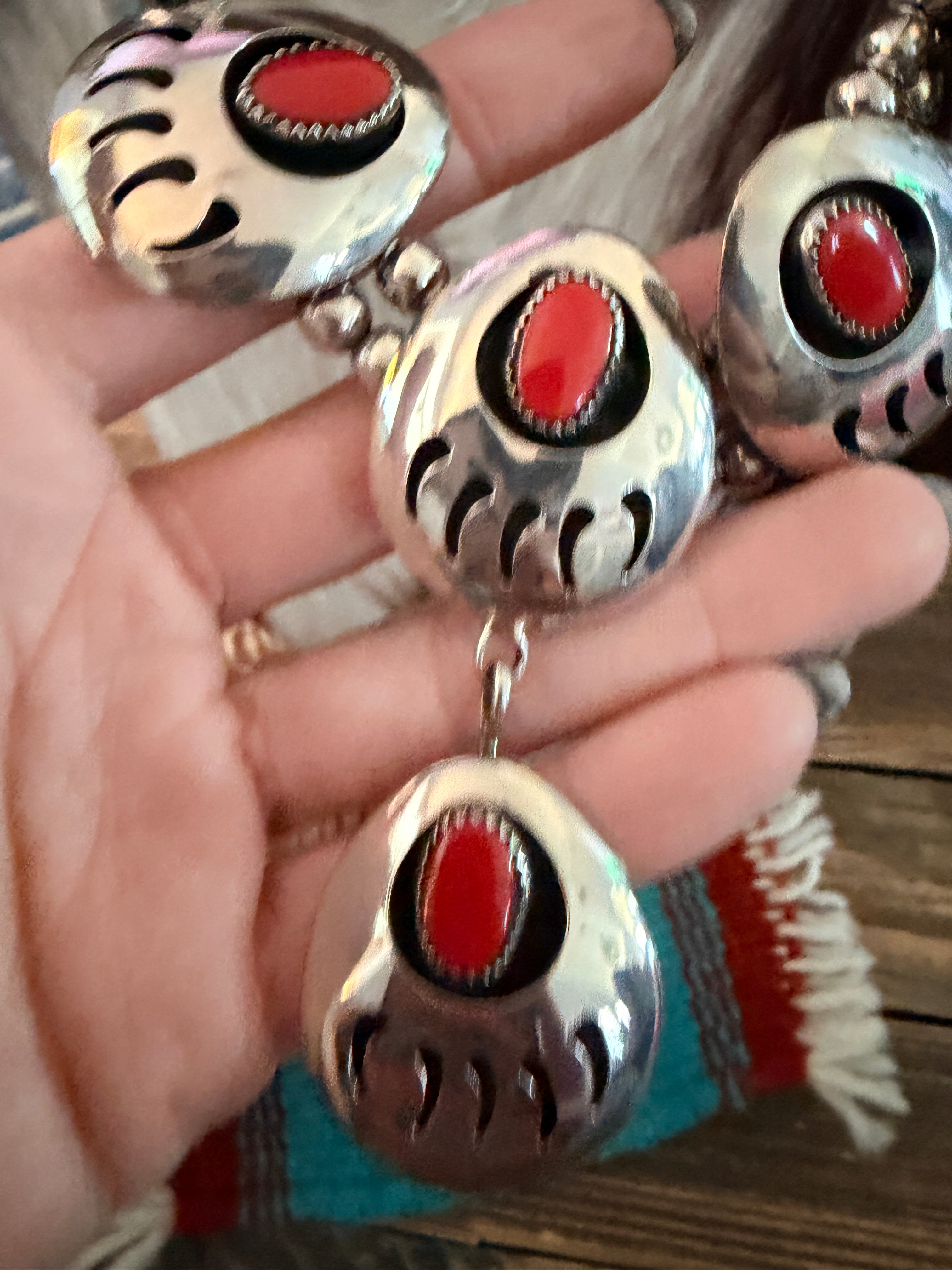 Old Pawn Handcrafted Coral and Nickel Bead Paw Necklace