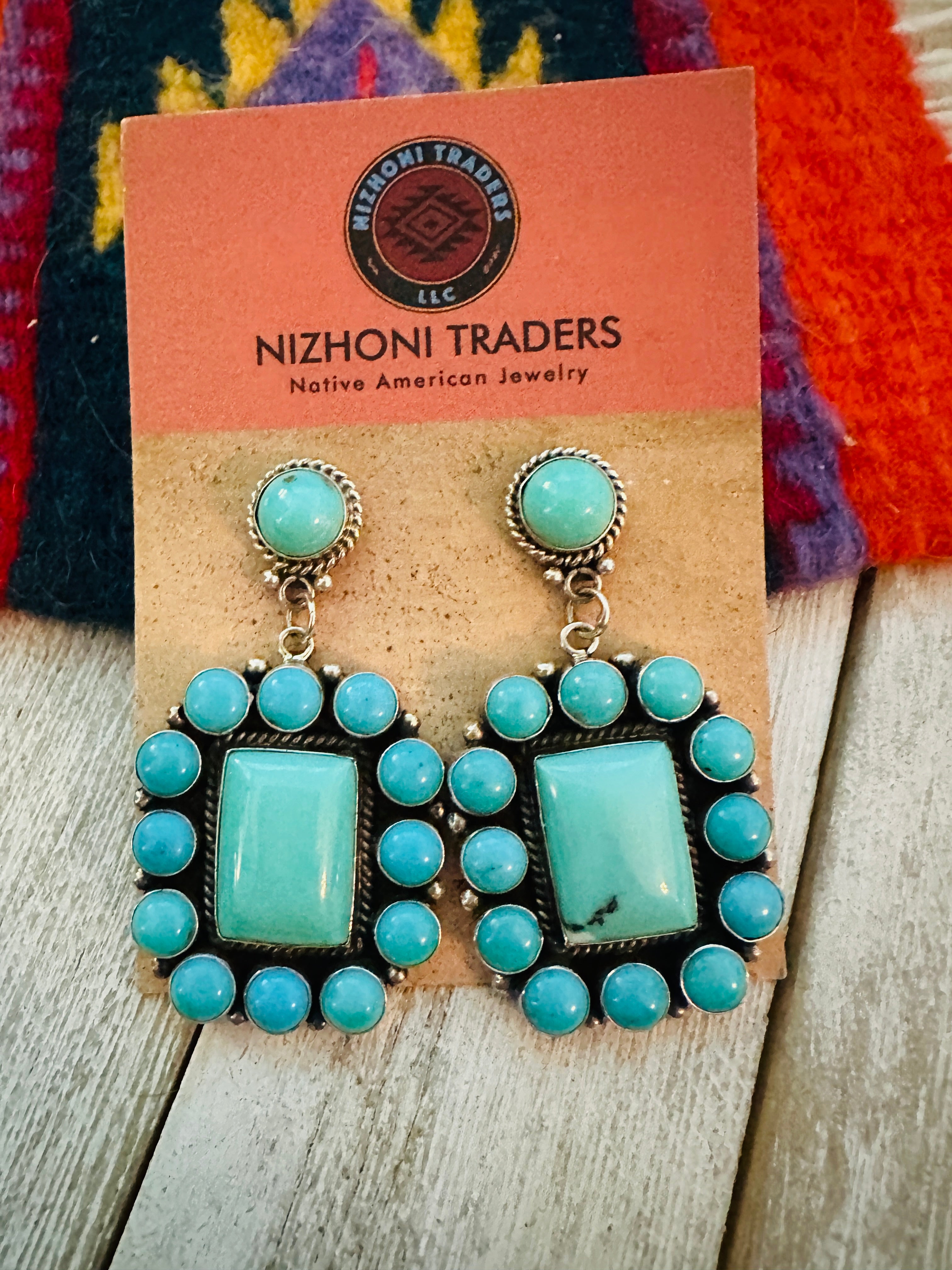 Navajo Sterling Silver & Turquoise Cluster Dangle Earrings