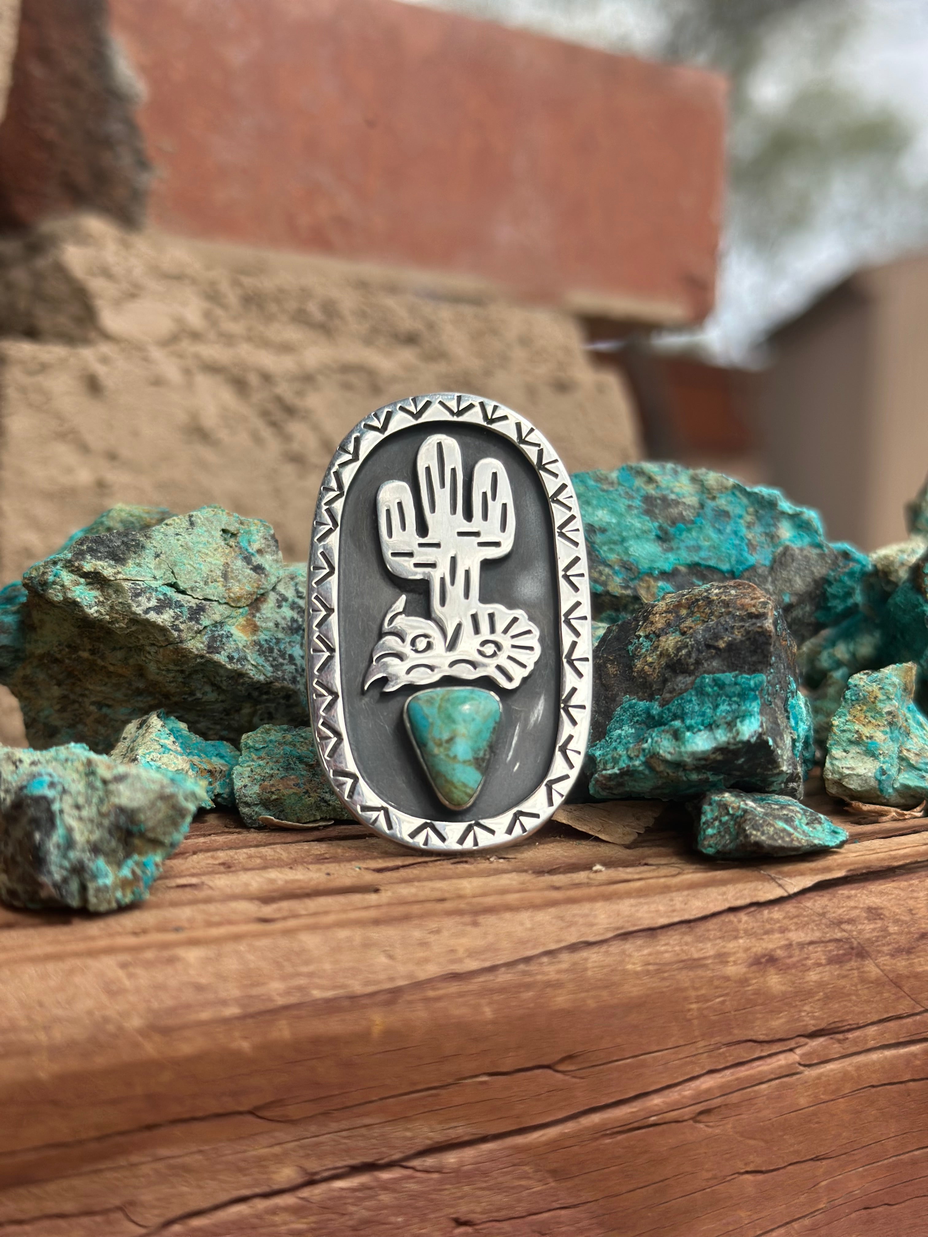Handmade Kingman Turquoise And Sterling Silver Adjustable Cactus Ring