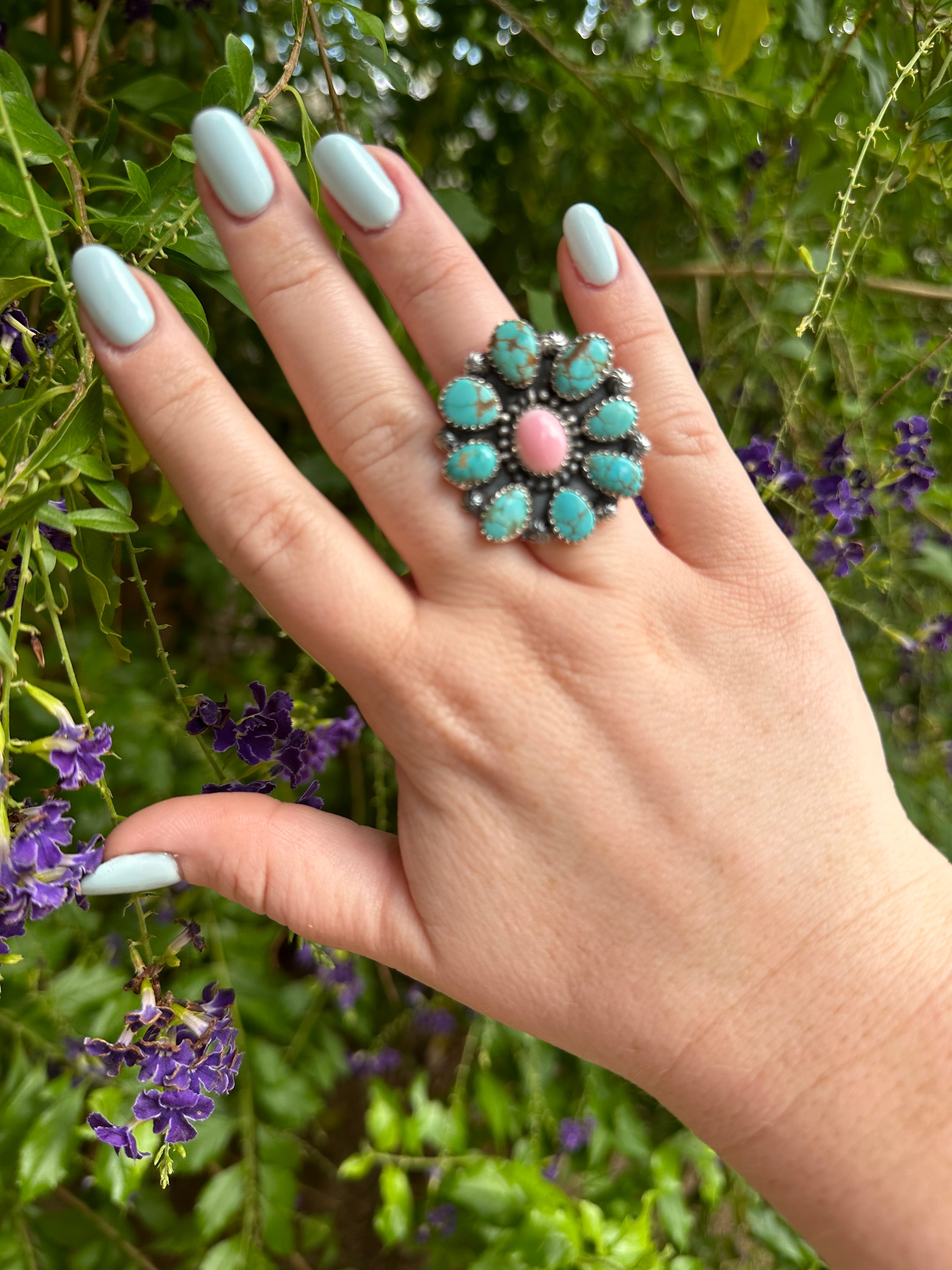 Beautiful Handmade Number 8 Turquoise, Pink Conch And Sterling Silver Adjustable Cluster Ring