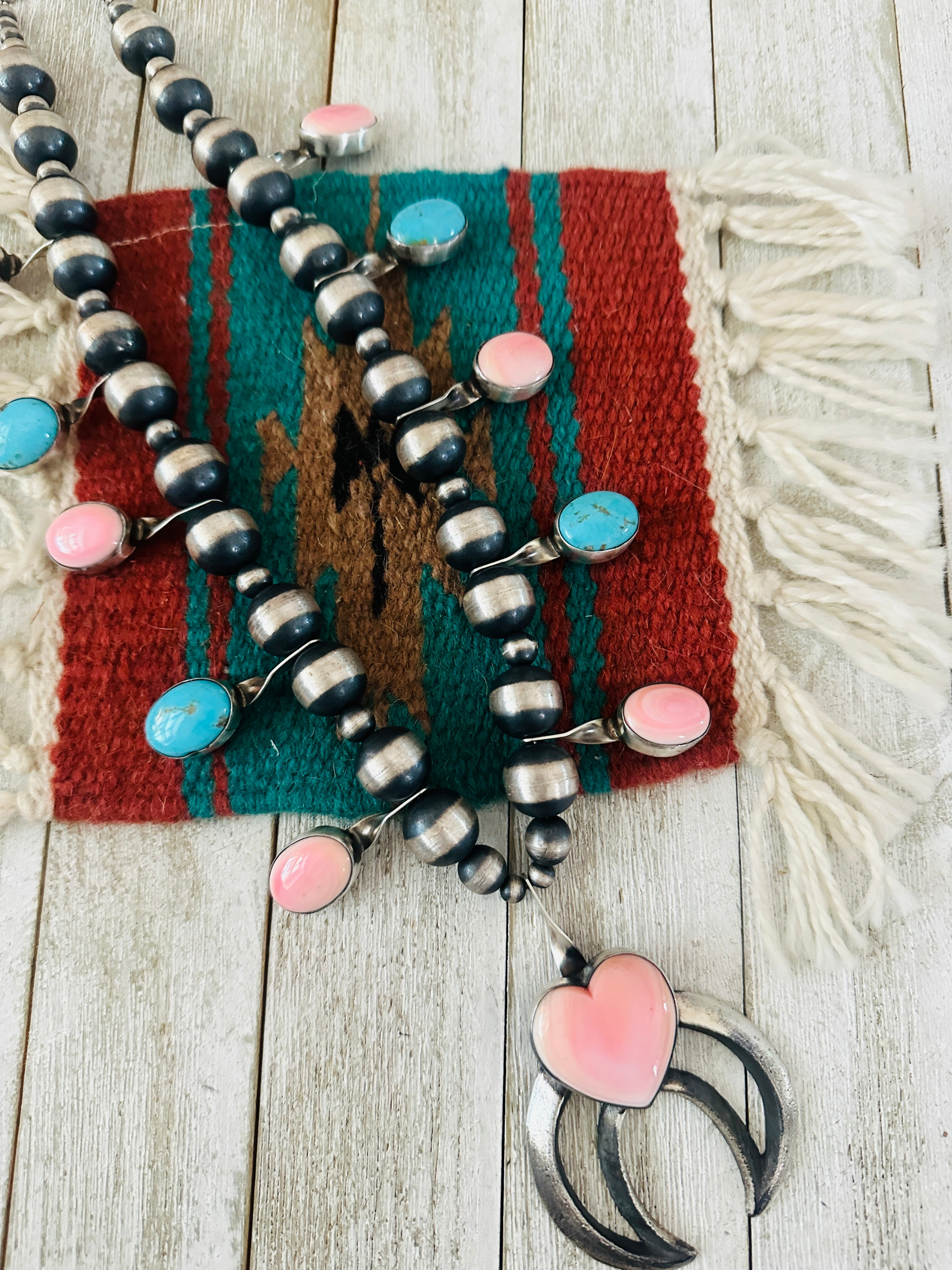 Handcrafted Queen Pink Conch, Turquoise & Sterling Silver Beaded Squash Blossom Necklace by Chimney Butte