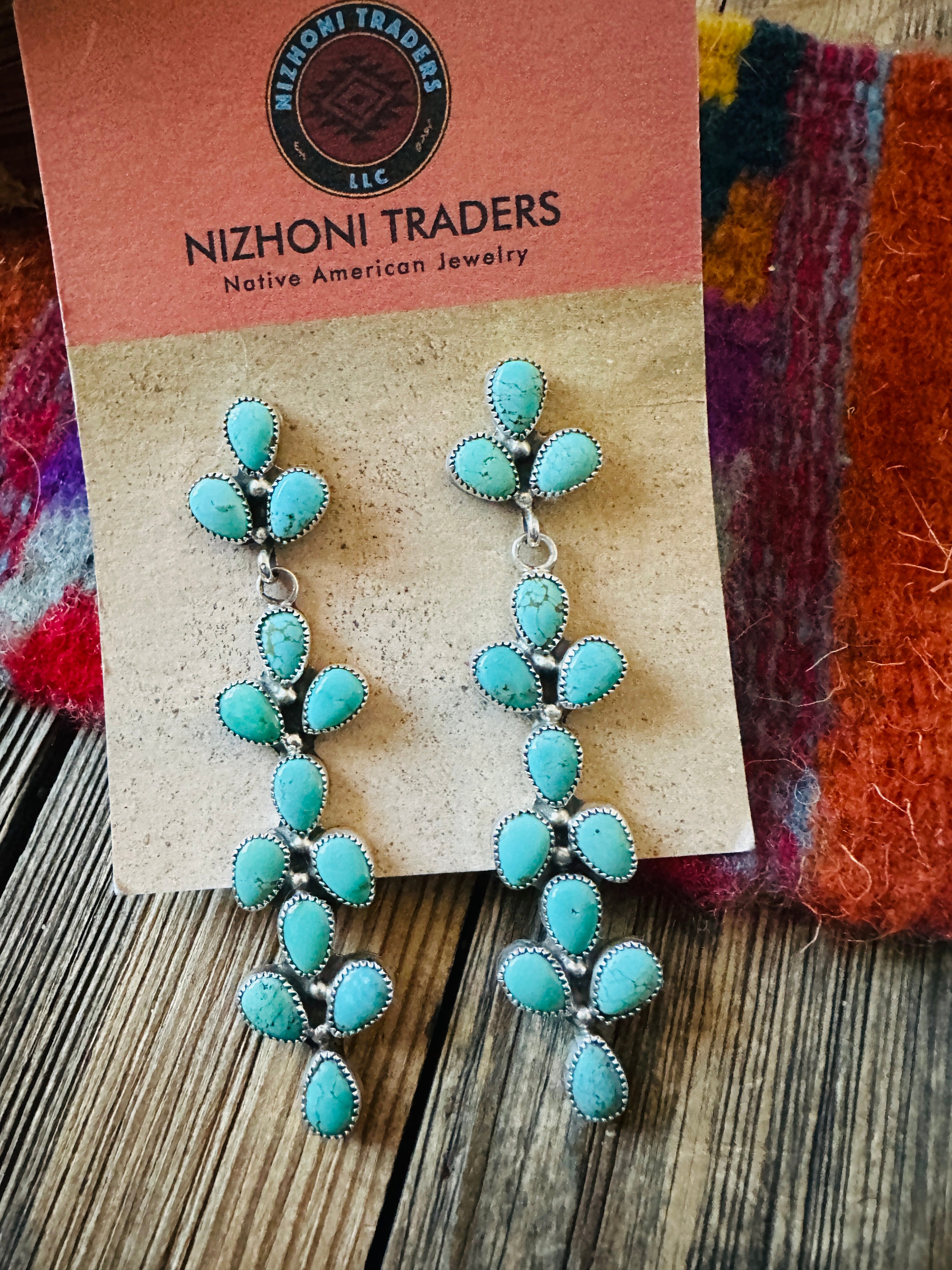 Handcrafted Turquoise & Sterling Silver Cluster Dangle Earrings