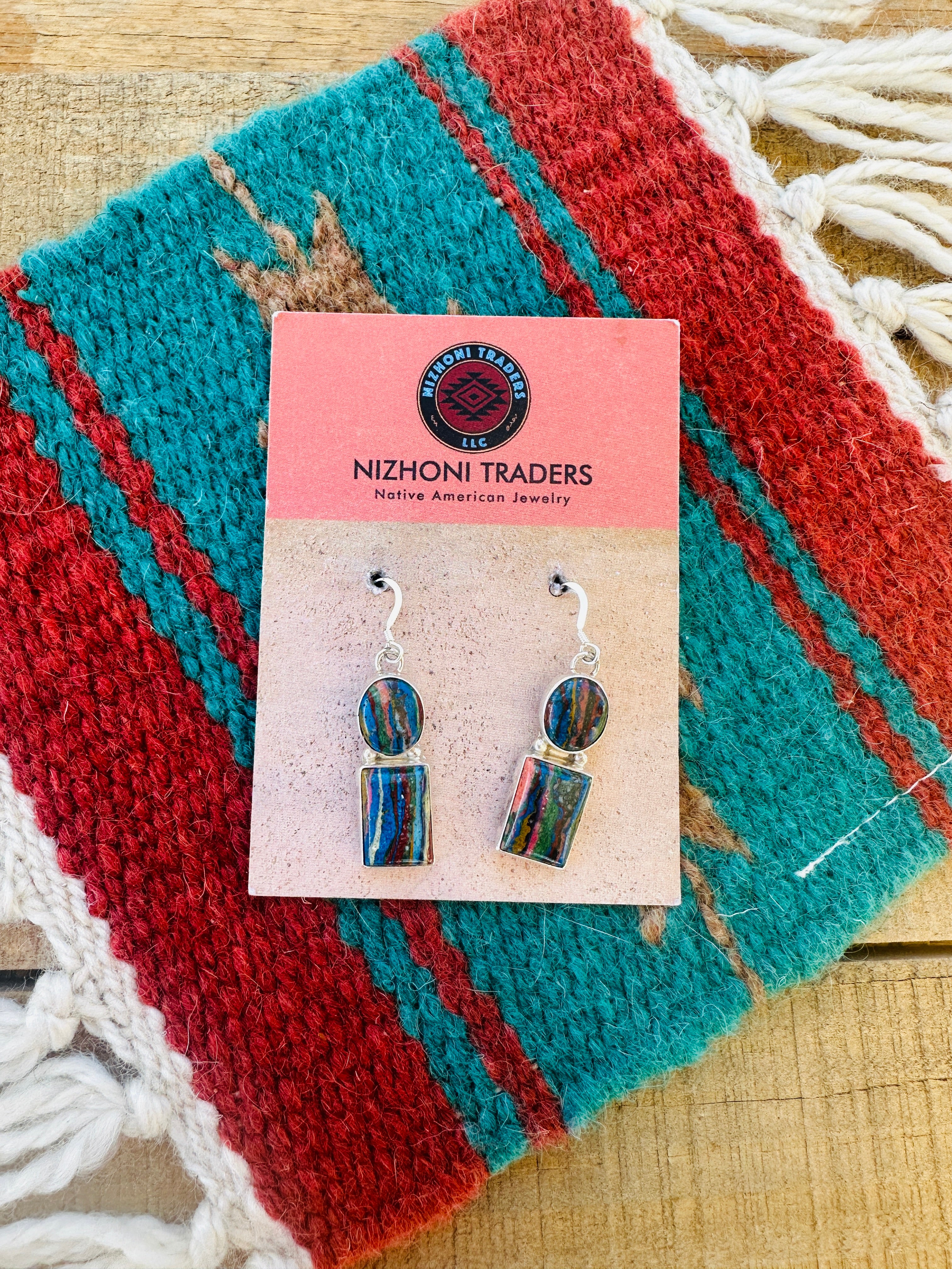 Navajo Rainbow Calsilica & Sterling Silver Dangle Earrings