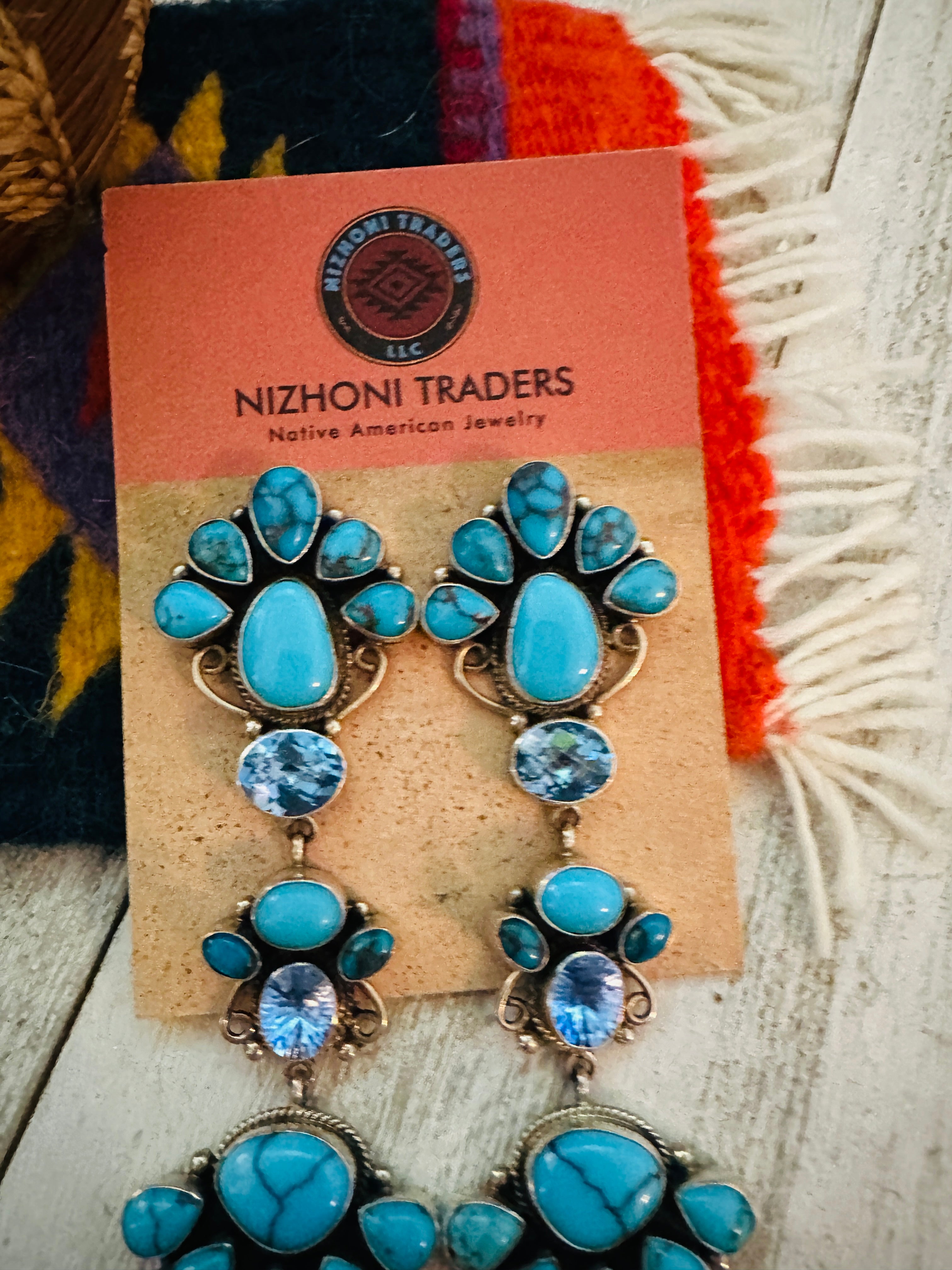 Navajo Turquoise, Topaz & Sterling Silver Chandelier Dangle Earrings