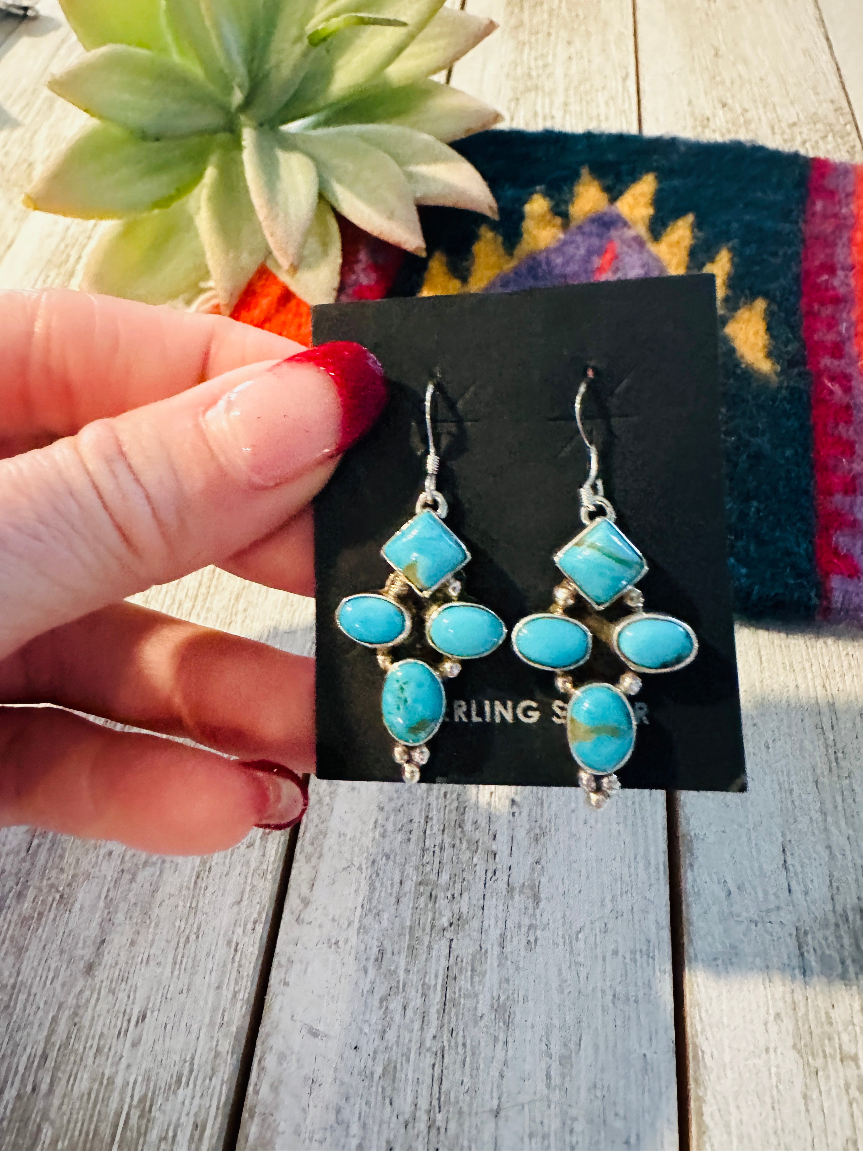 Navajo Kingman Turquoise and Sterling Silver Dangle Earrings