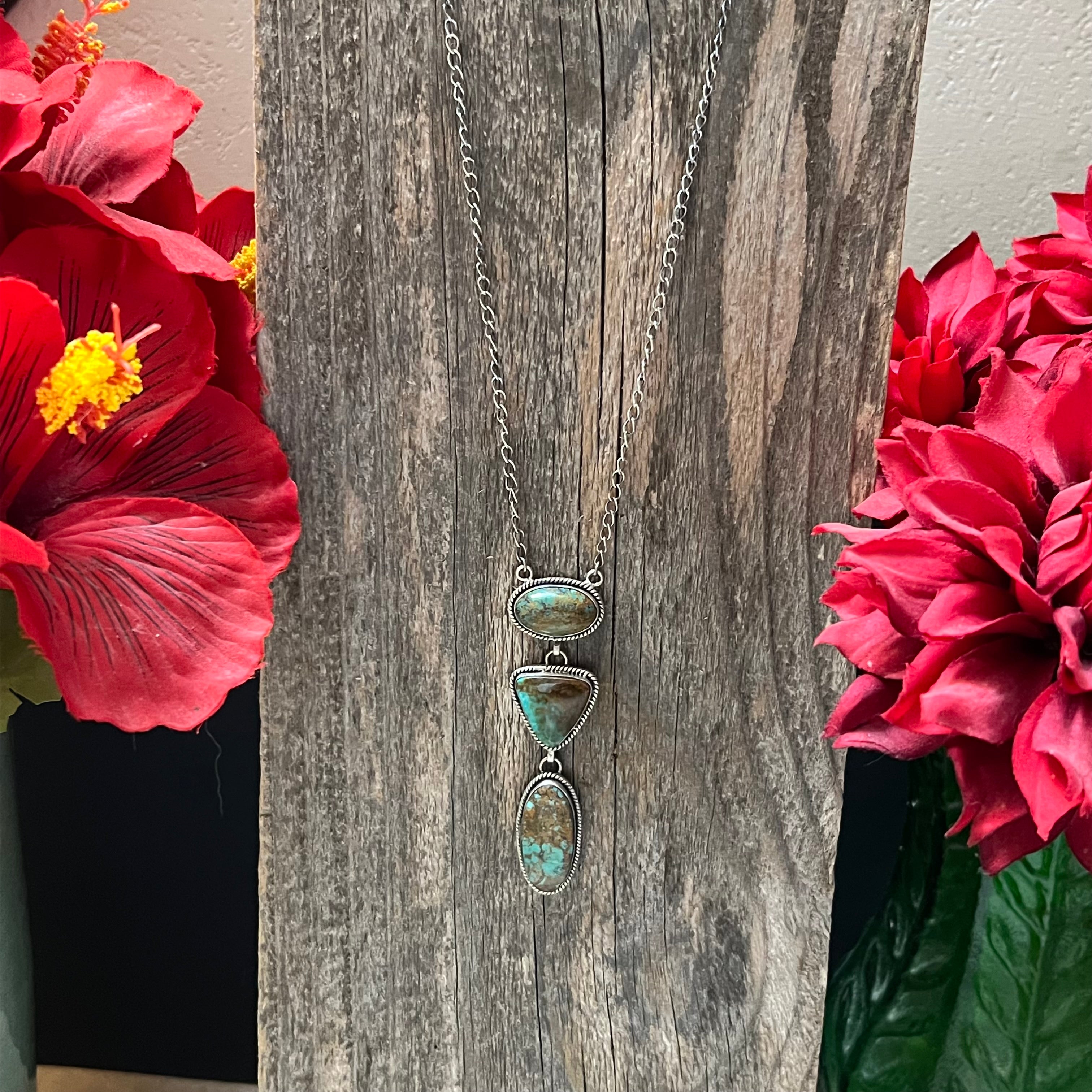 Handmade 3 Stone Turquoise & Sterling Silver Drop Necklace (09)